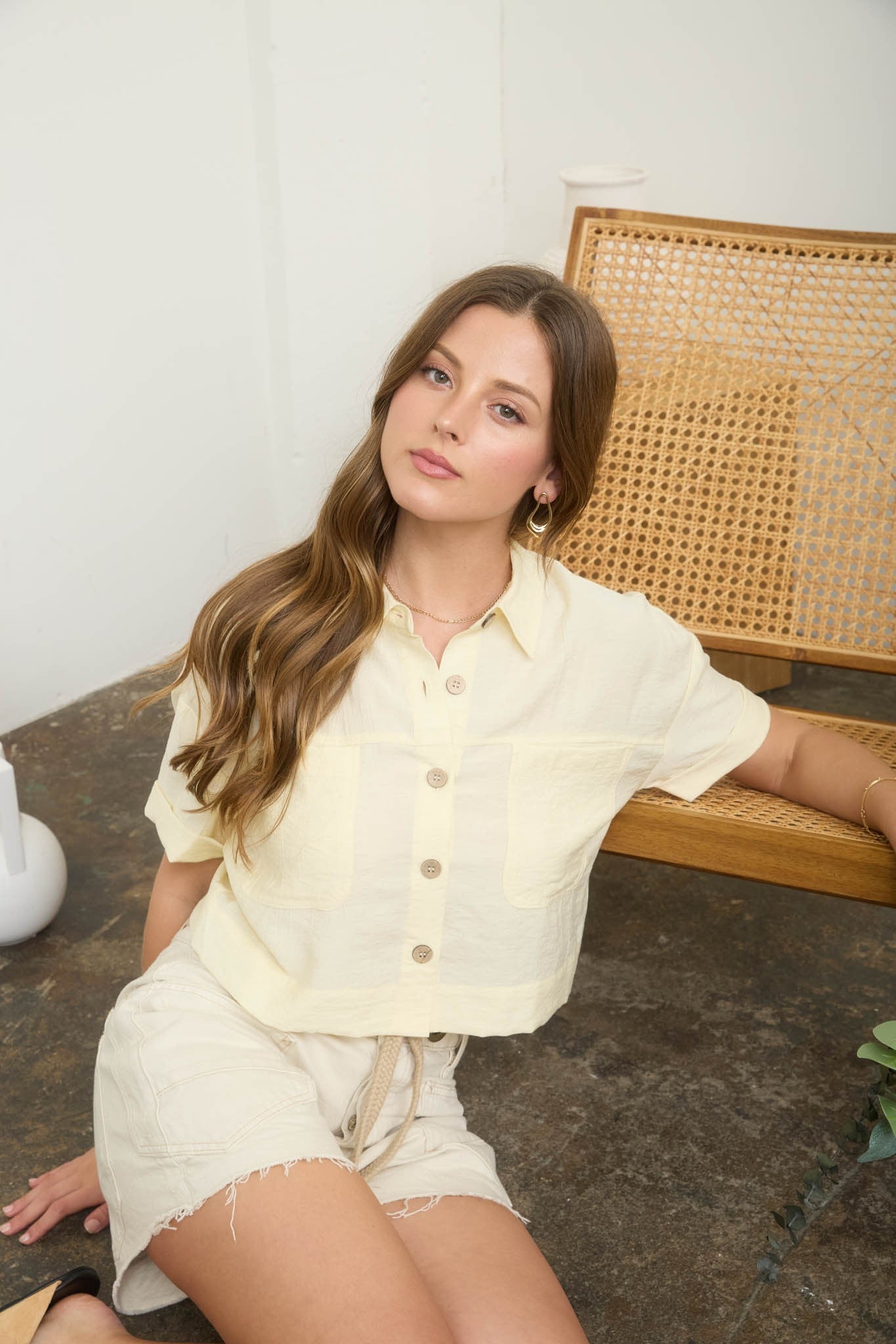 Collared Button Down Cuff Sleeve Crop Top