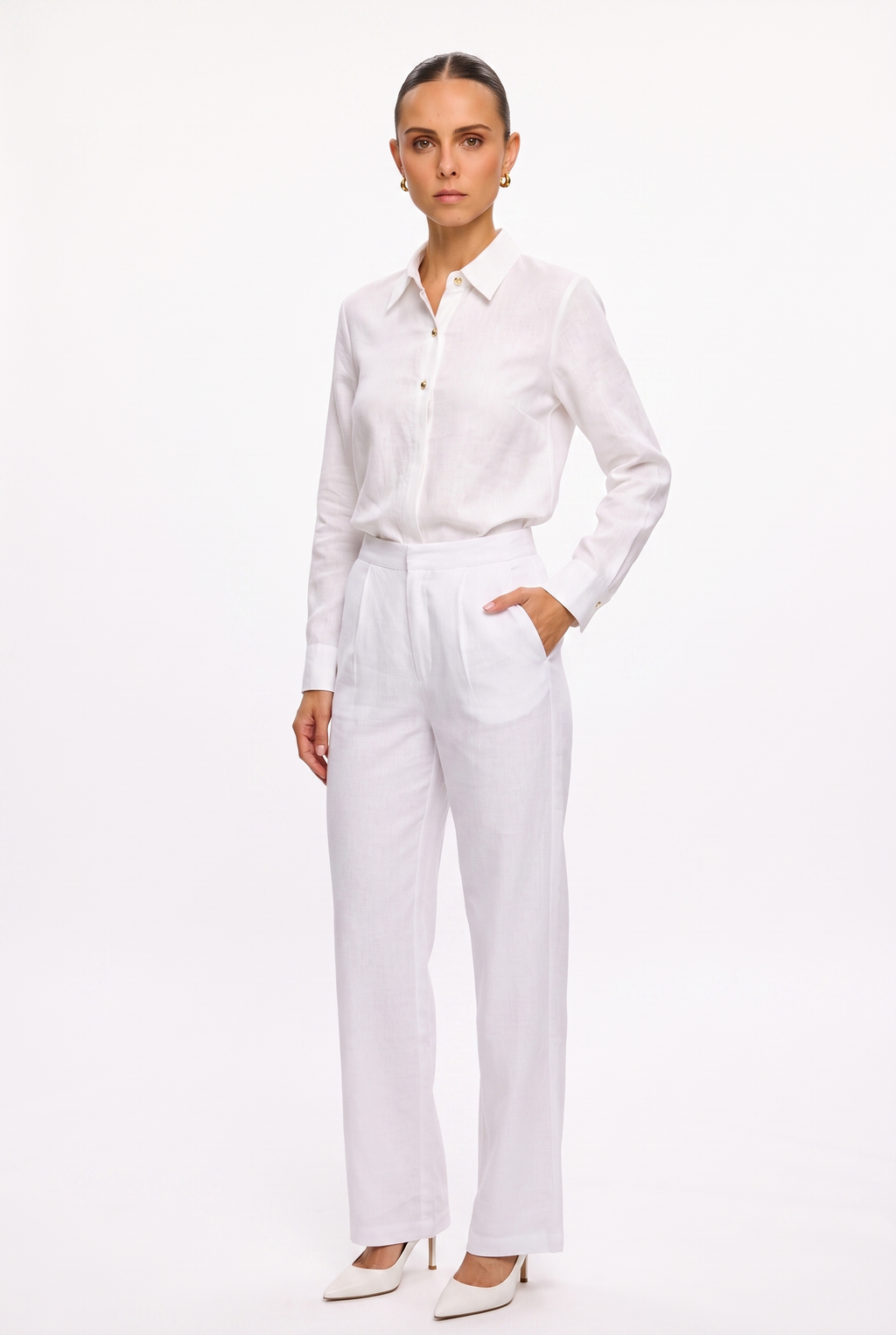 Pantalón lino tiro alto blanco - ángulo