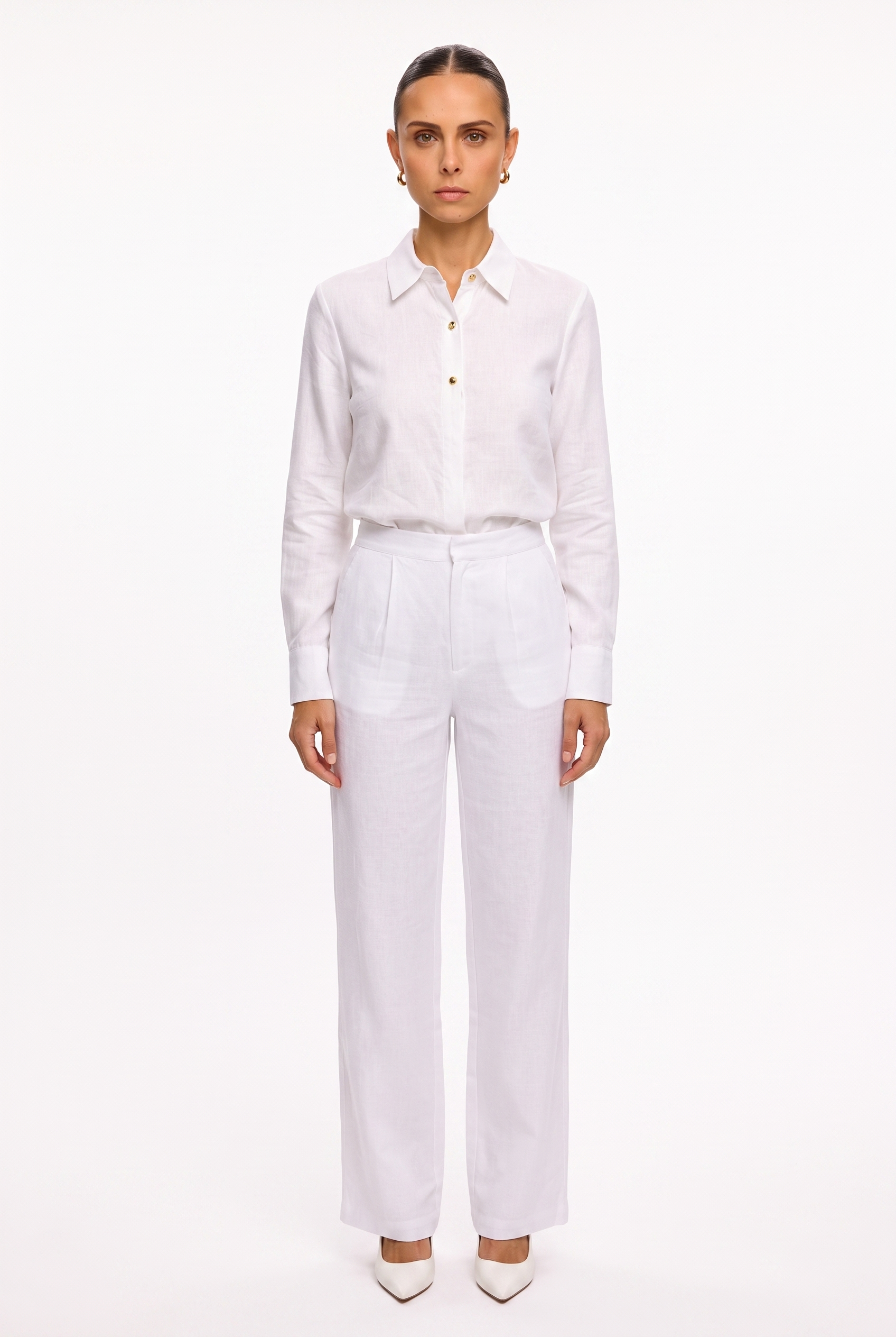 Pantalón lino tiro alto blanco - frontal