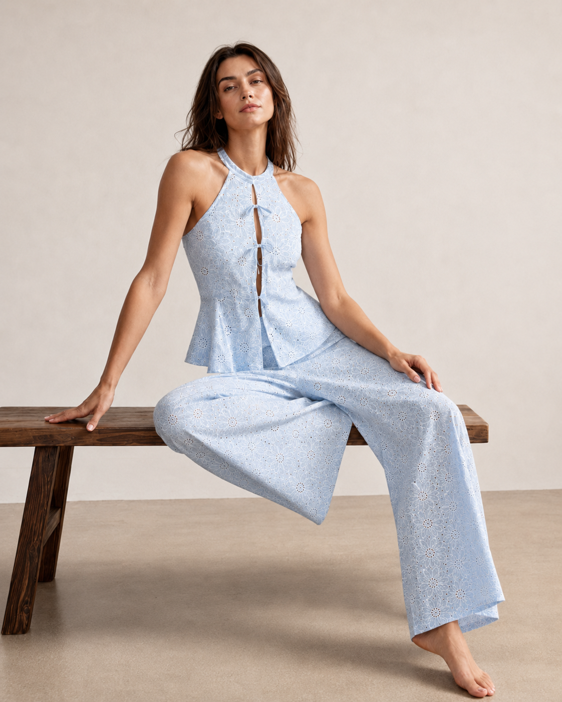 Halter Neck Tie Front Peplum Top with Pants Set