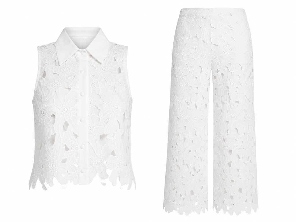 Crochet Lace Button Down Top With Pants Set
