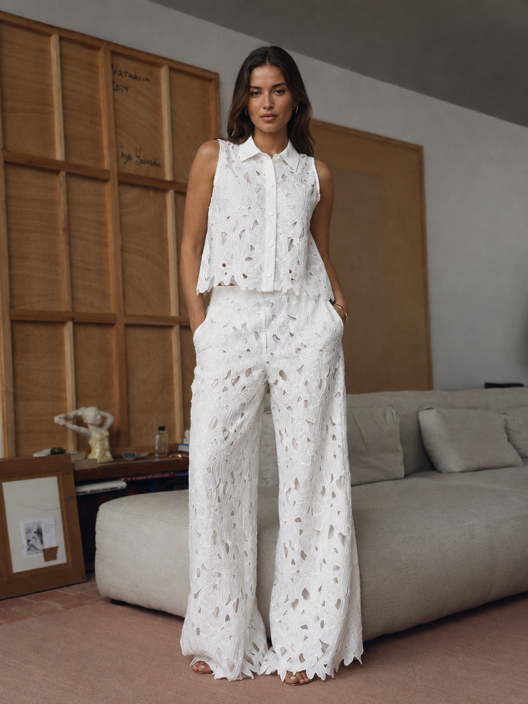 Crochet Lace Button Down Top With Pants Set