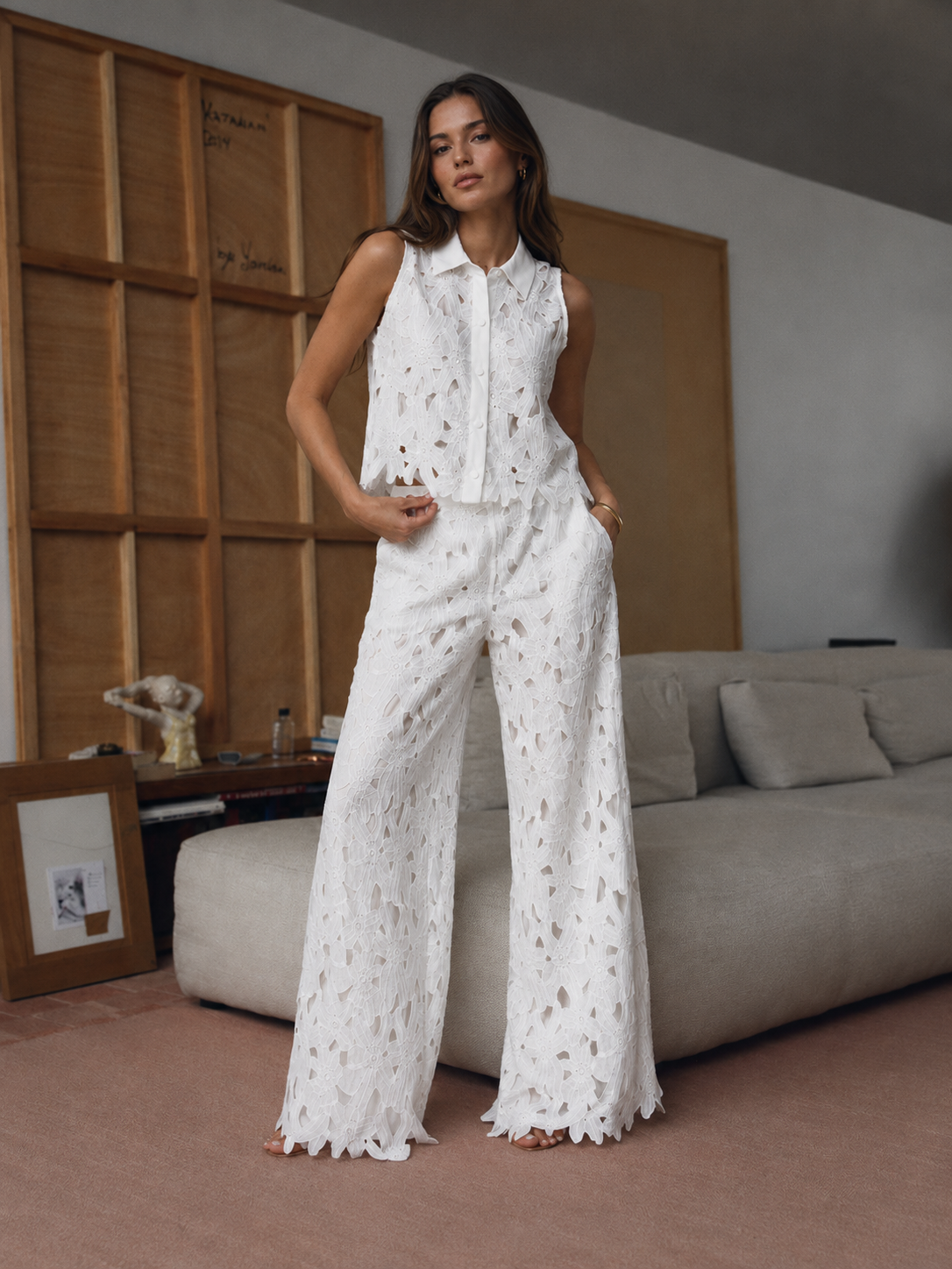 Crochet Lace Button Down Top With Pants Set