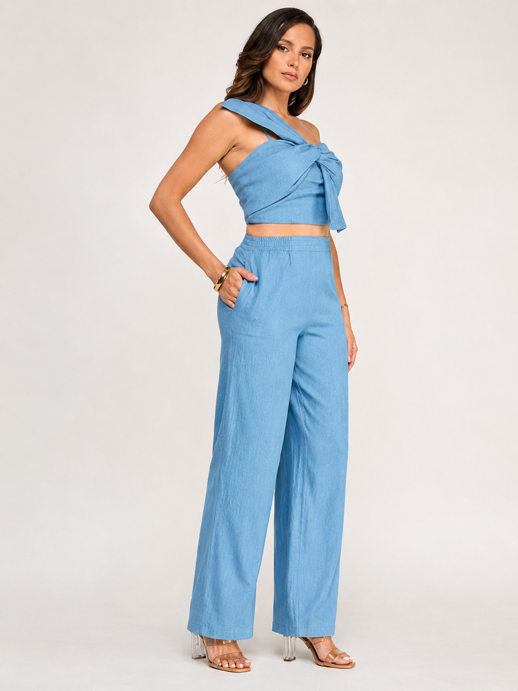 Denim Twist Detail One Shoulder Top with Pants Set