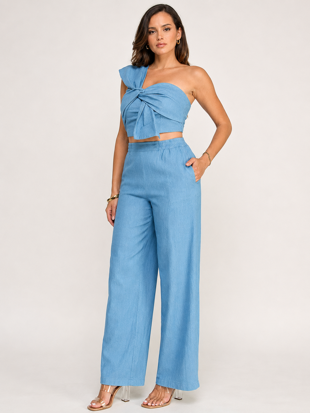 Denim Twist Detail One Shoulder Top with Pants Set
