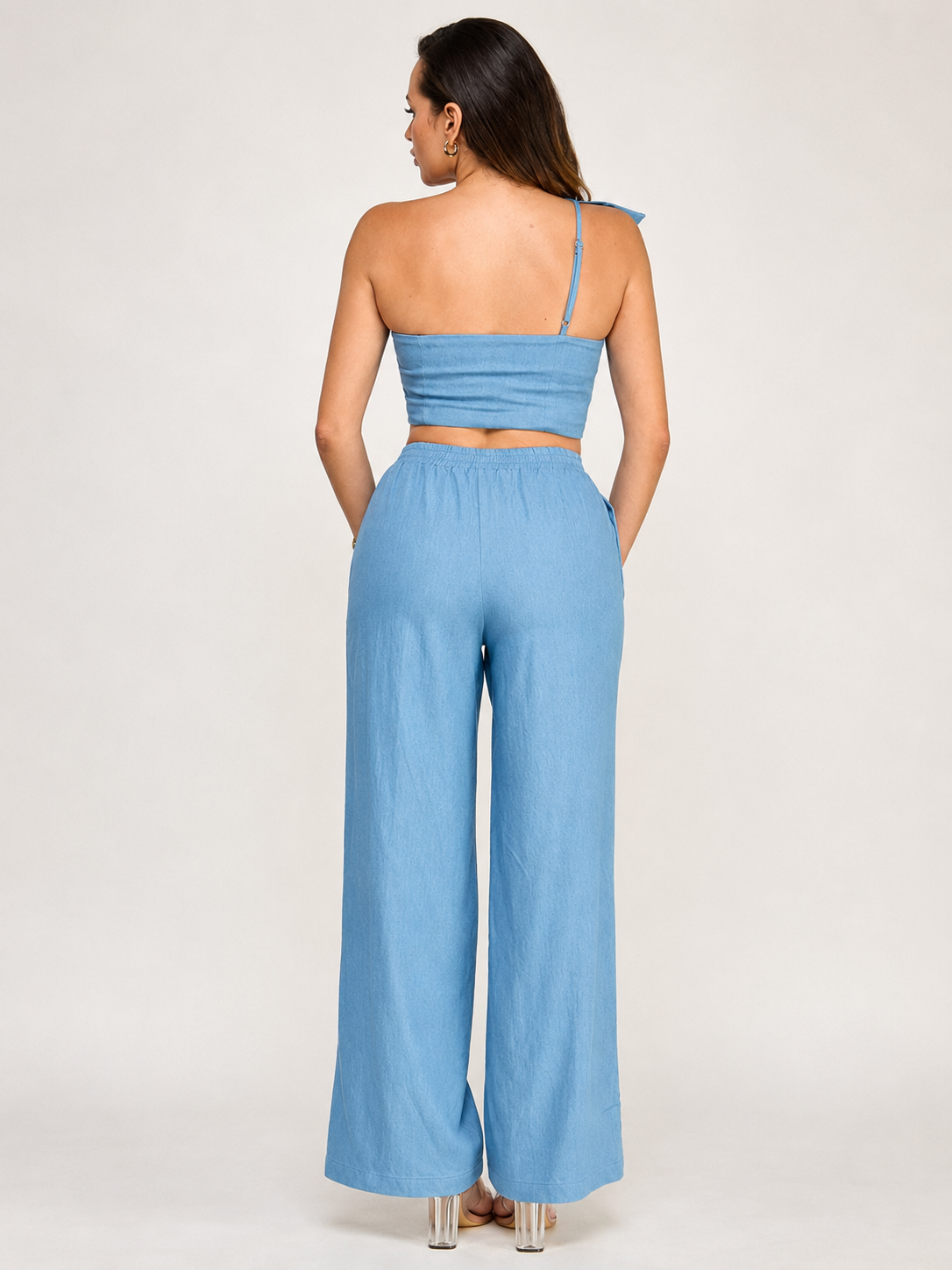 Denim Twist Detail One Shoulder Top with Pants Set