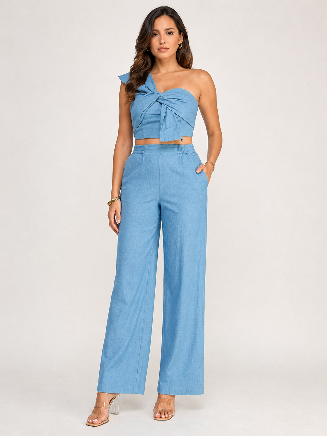 Denim Twist Detail One Shoulder Top with Pants Set