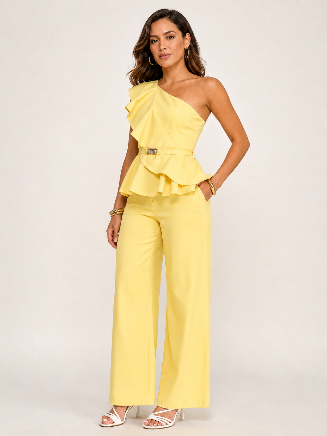 One Shoulder Ruffle Detail Top and Pants Set