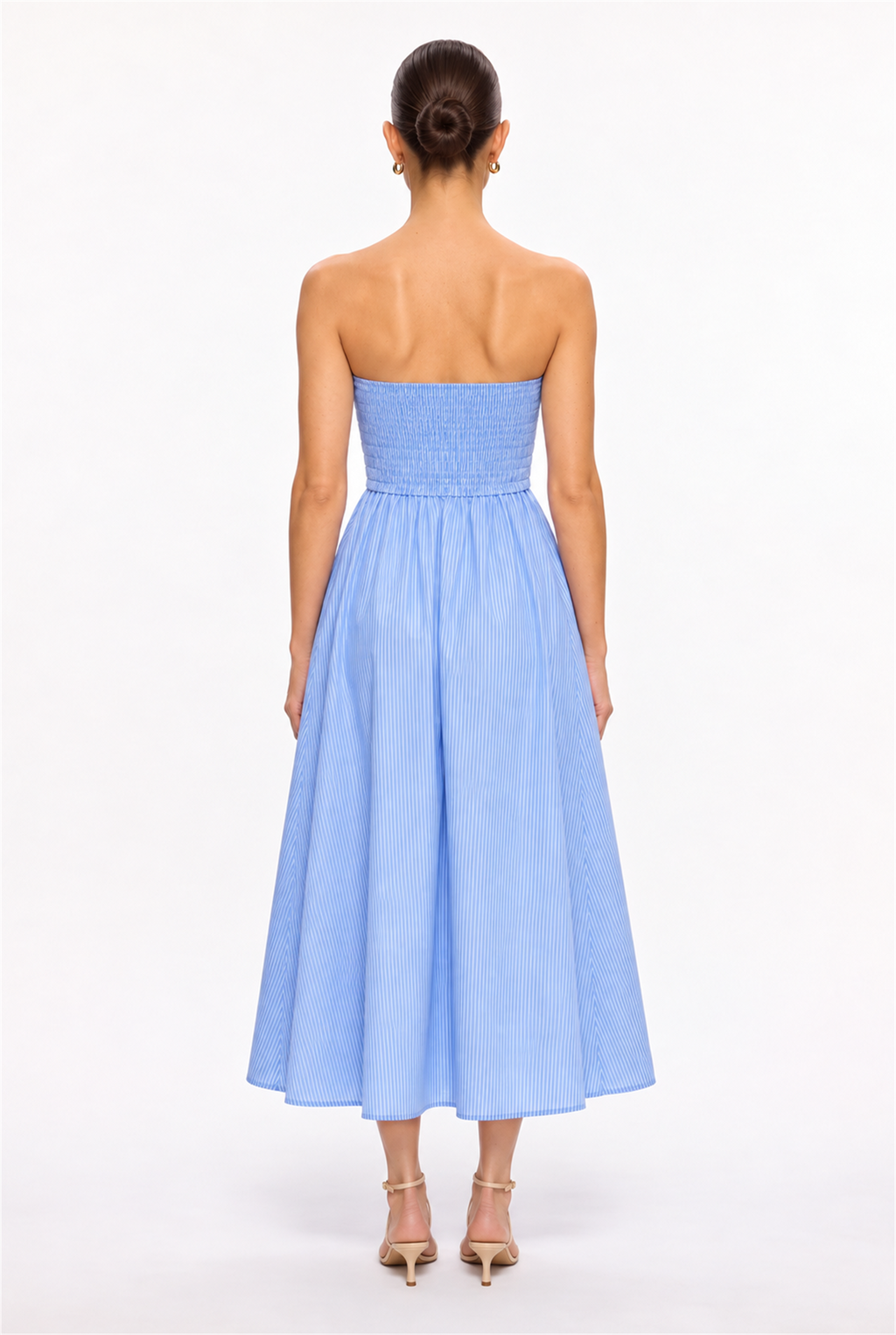 BLUE-WHITE PINSTRIPE SMOCKED TUBE MIDI DRESS - back view
