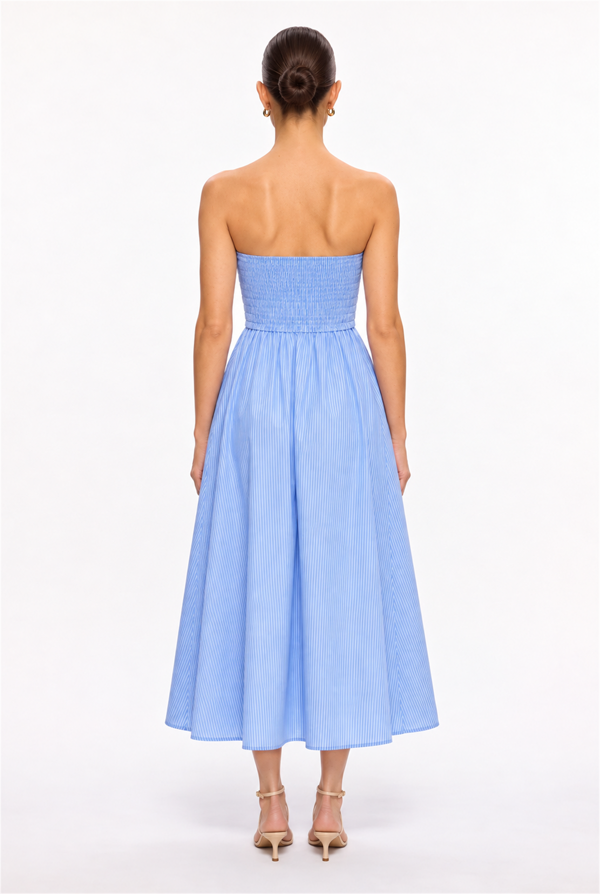 BLUE-WHITE PINSTRIPE SMOCKED TUBE MIDI DRESS - back view
