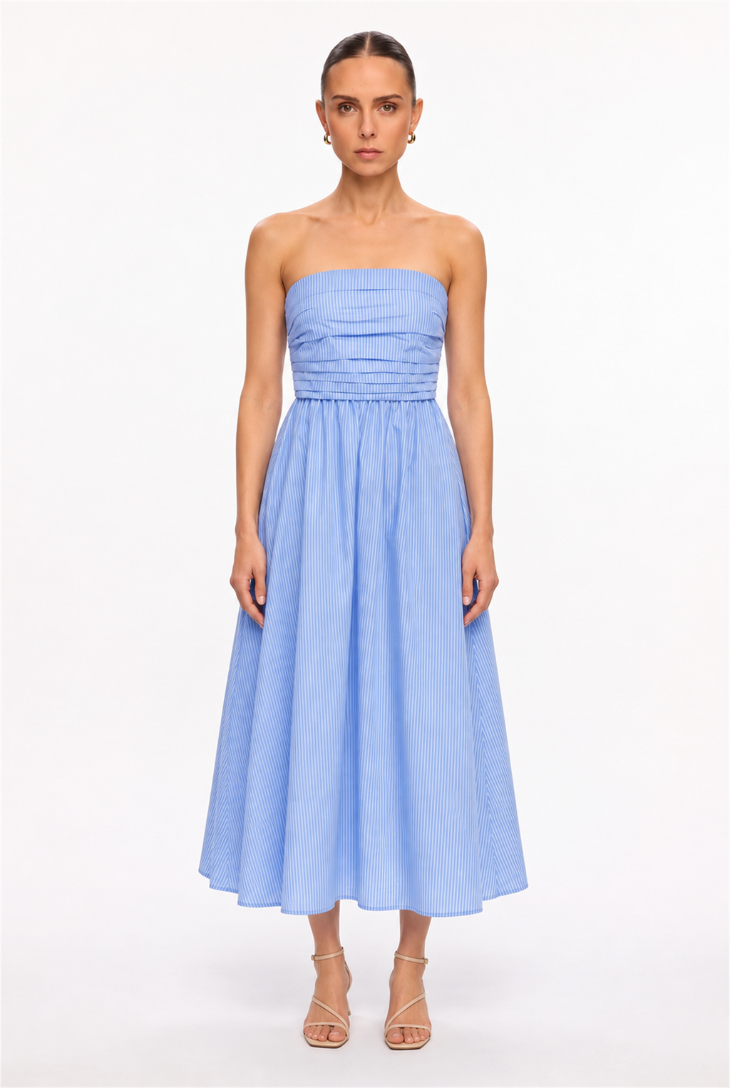 BLUE-WHITE PINSTRIPE SMOCKED TUBE MIDI DRESS - front view