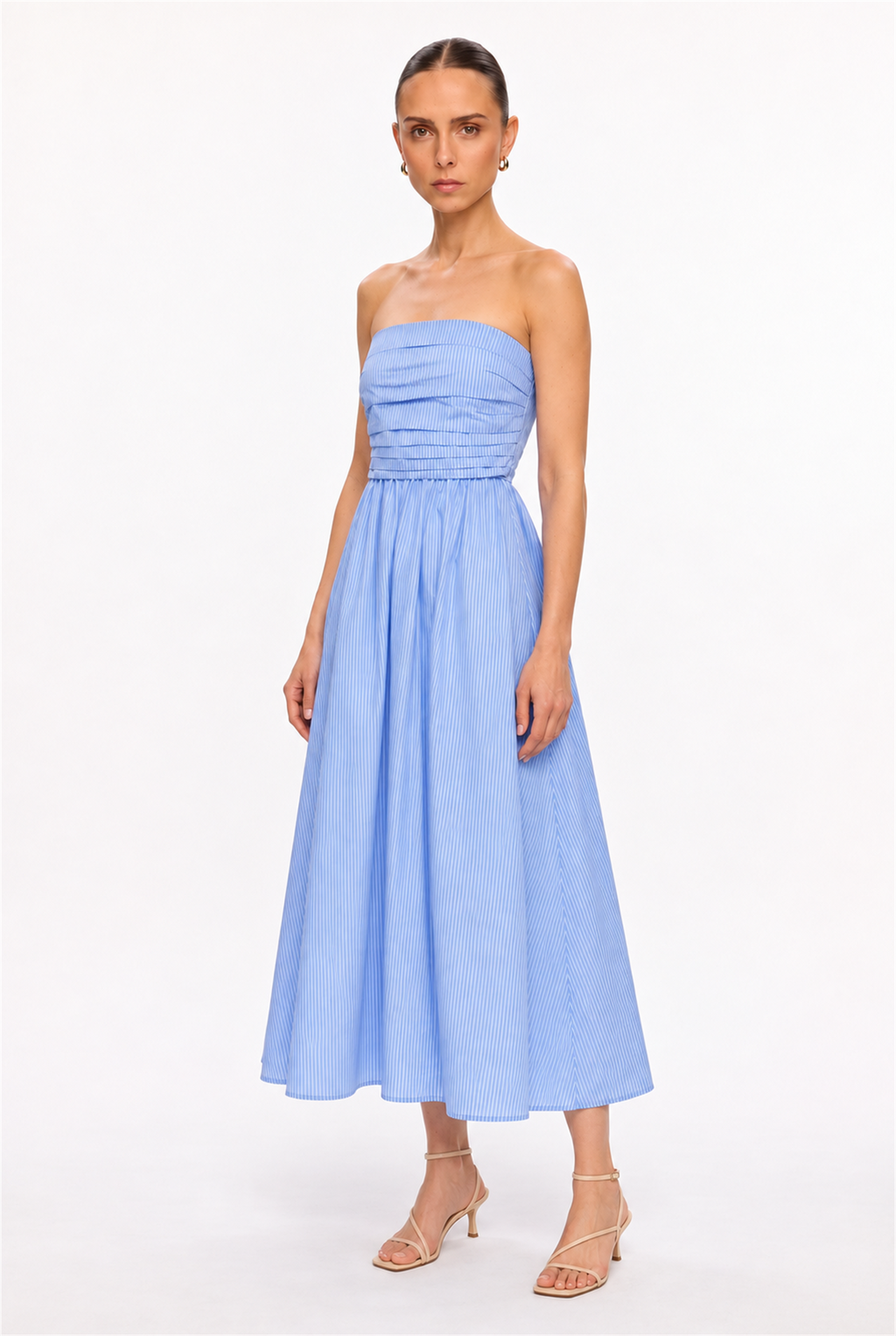 BLUE-WHITE PINSTRIPE SMOCKED TUBE MIDI DRESS - three-quarter view