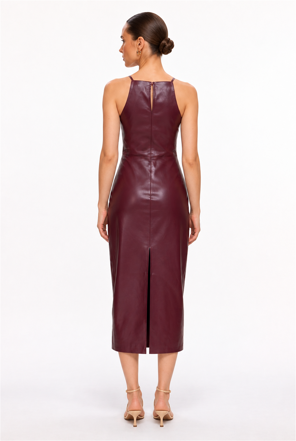 DARK BURGUNDY HALTER FAUX LEATHER MIDI DRESS - back view