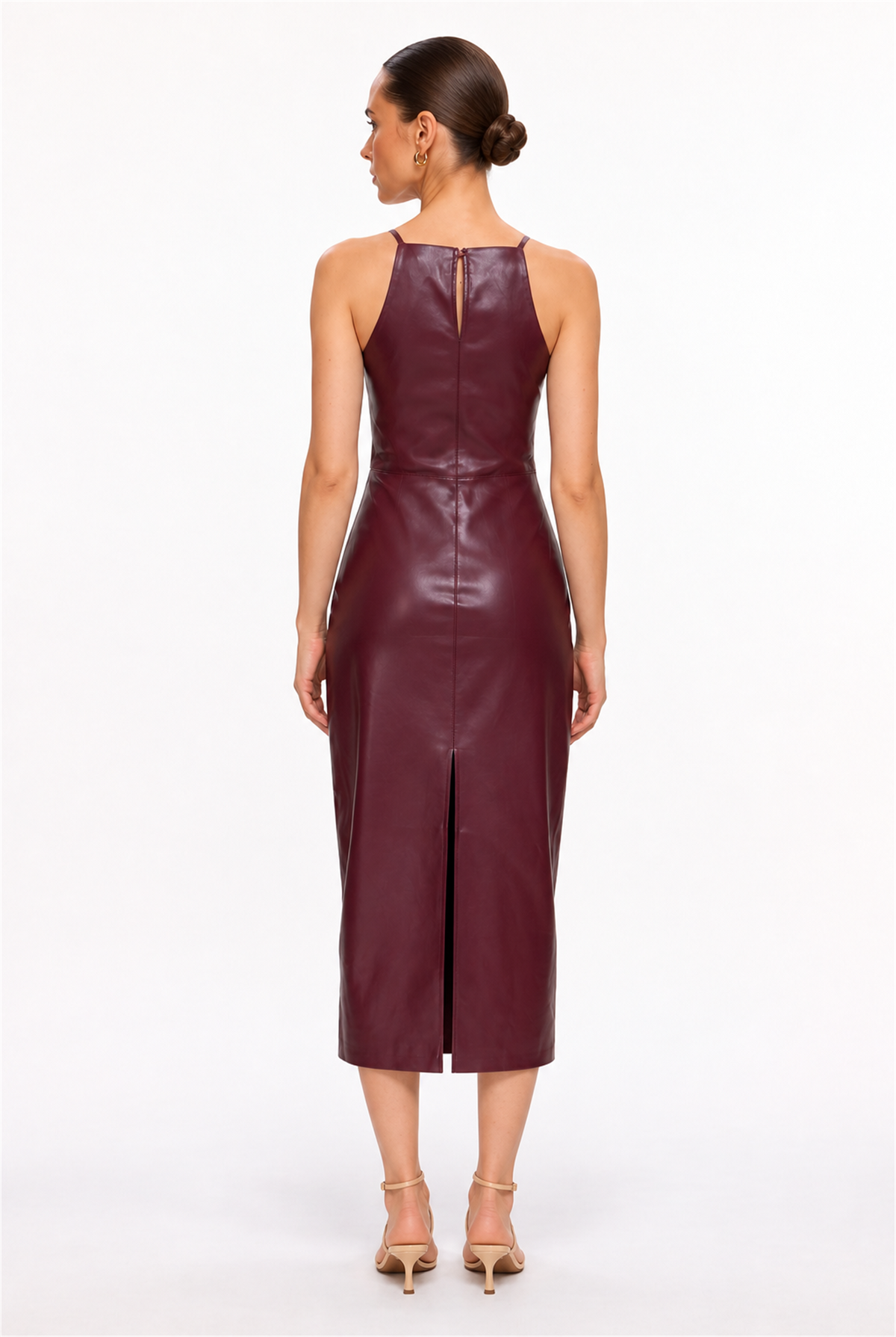 DARK BURGUNDY HALTER FAUX LEATHER MIDI DRESS - back view
