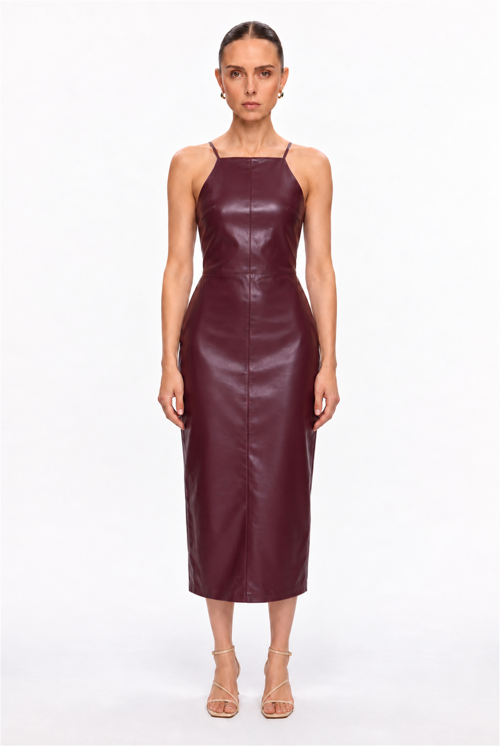 DARK BURGUNDY HALTER FAUX LEATHER MIDI DRESS - front view