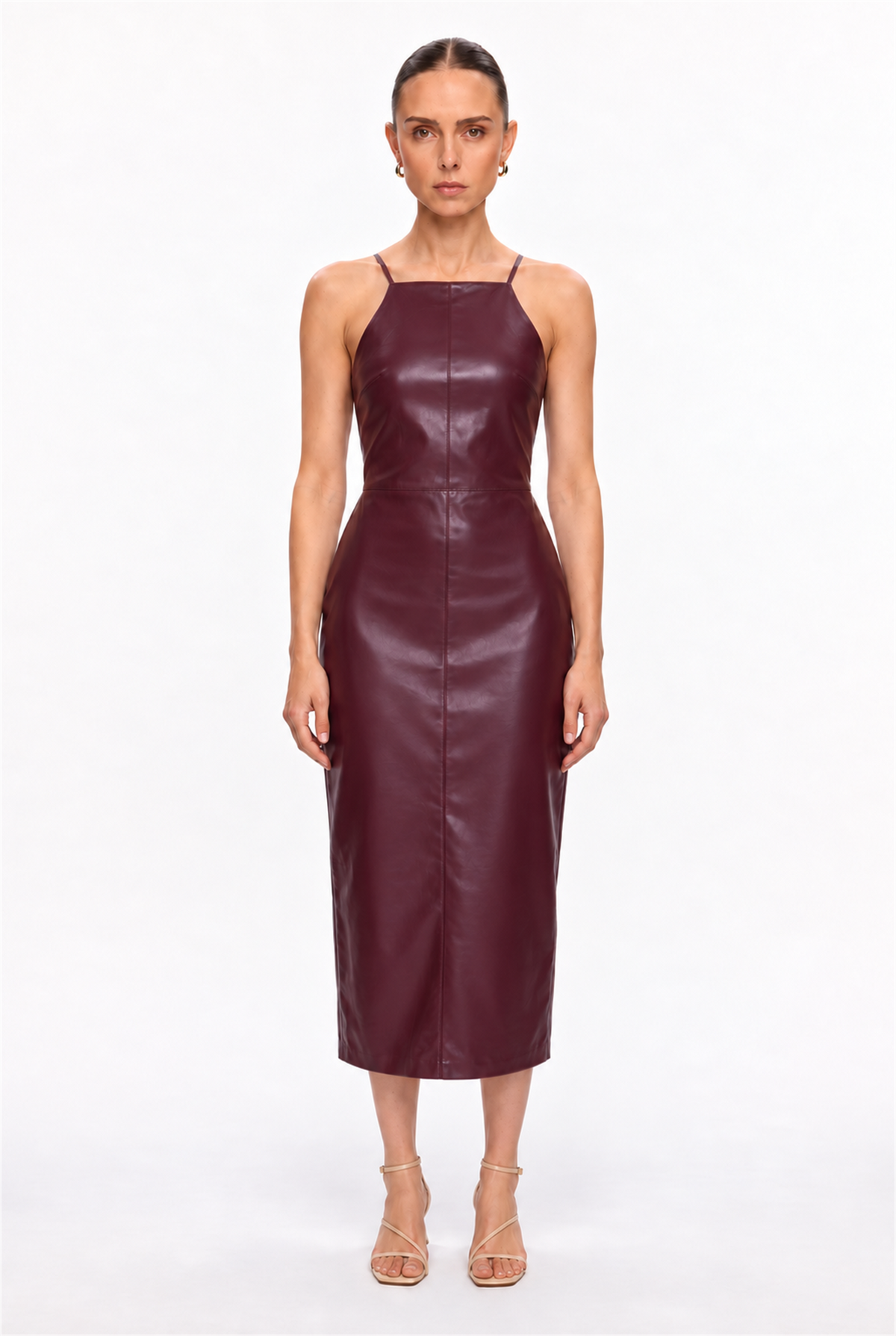 DARK BURGUNDY HALTER FAUX LEATHER MIDI DRESS - front view