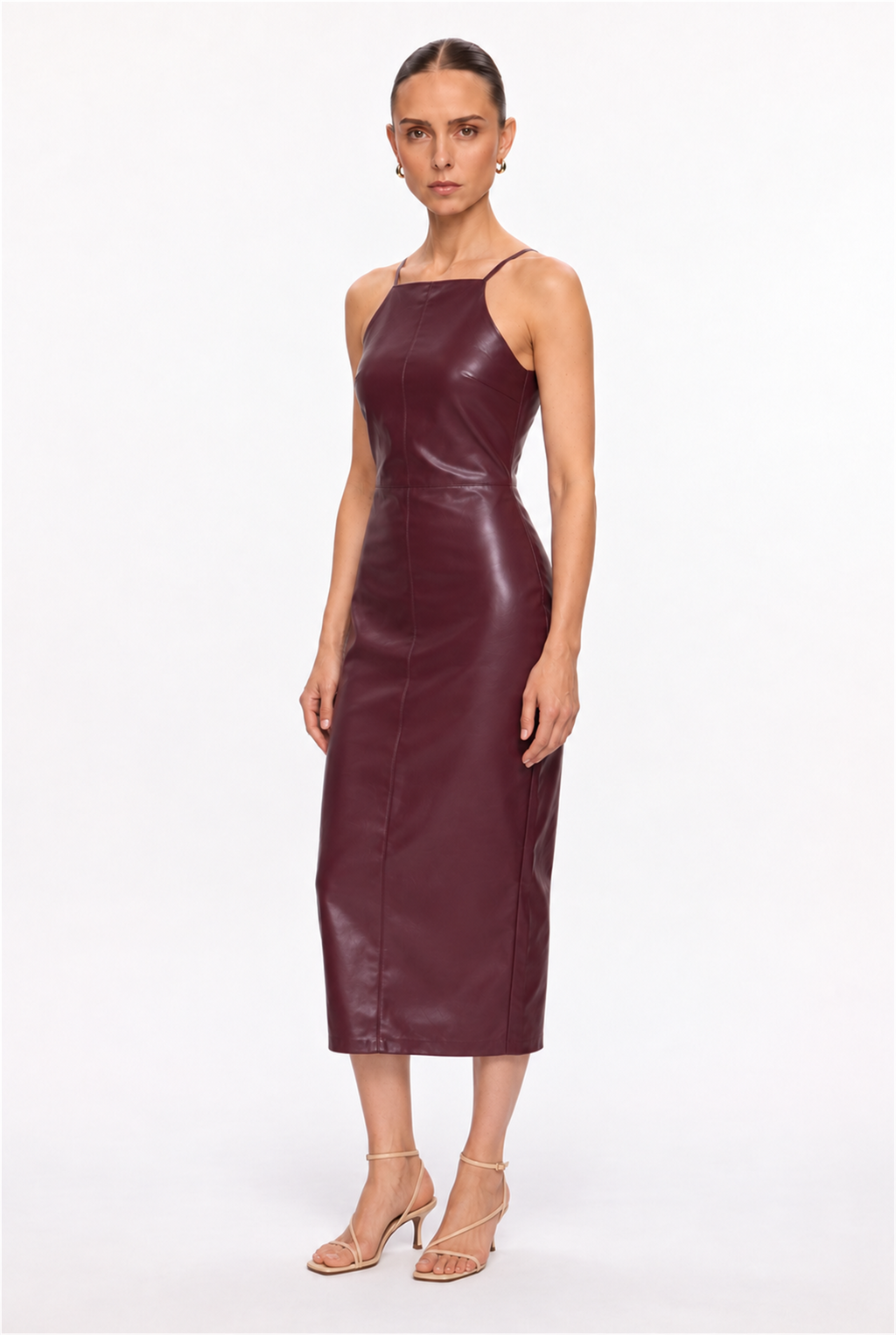DARK BURGUNDY HALTER FAUX LEATHER MIDI DRESS - three-quarter view