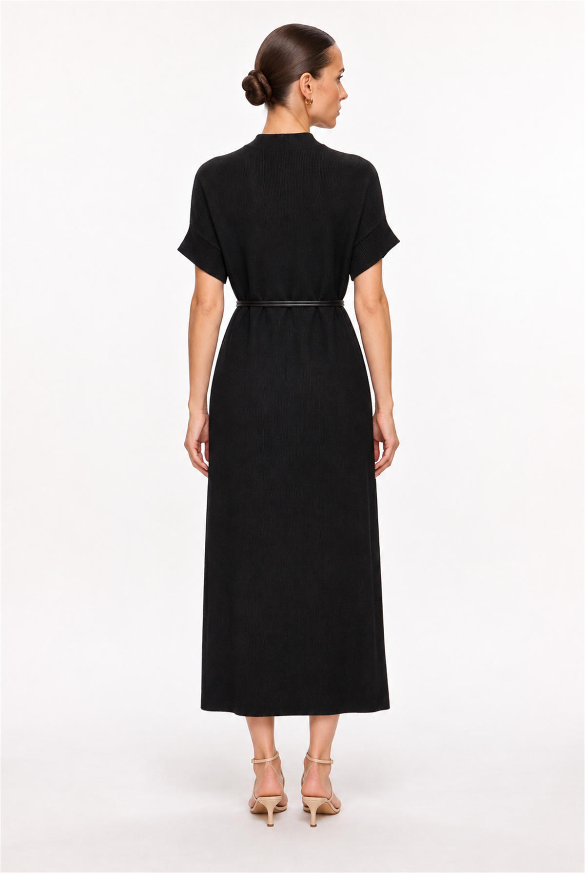 BLACK HIGH-NECK BELTED RIBBED LONG DRESS - back view