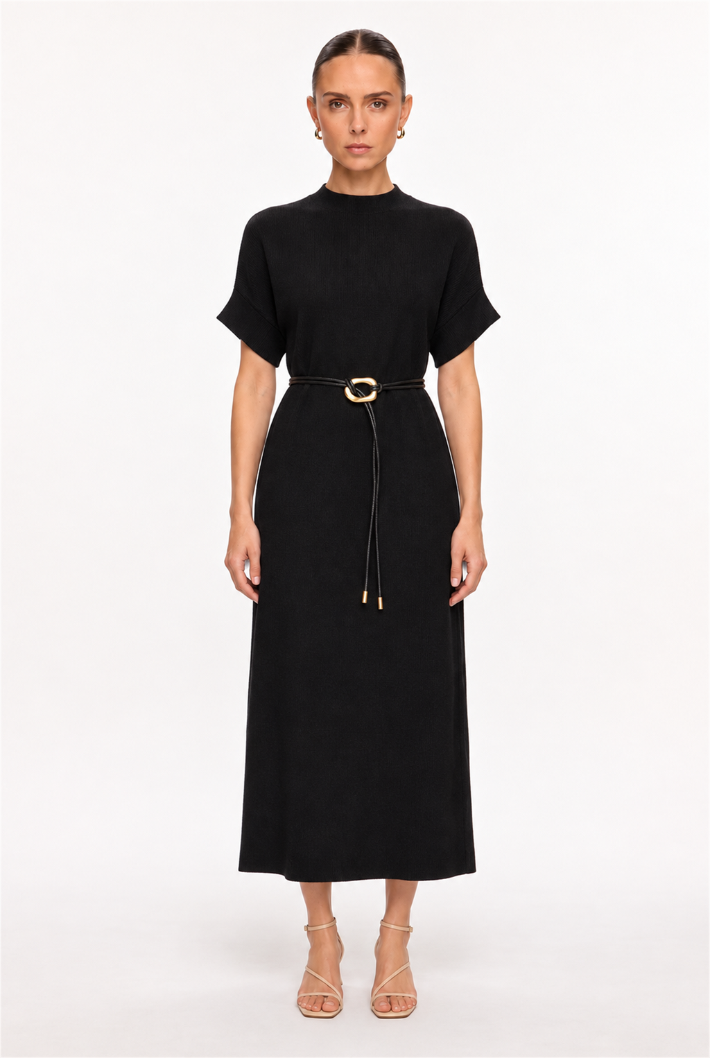 BLACK HIGH-NECK BELTED RIBBED LONG DRESS - front view