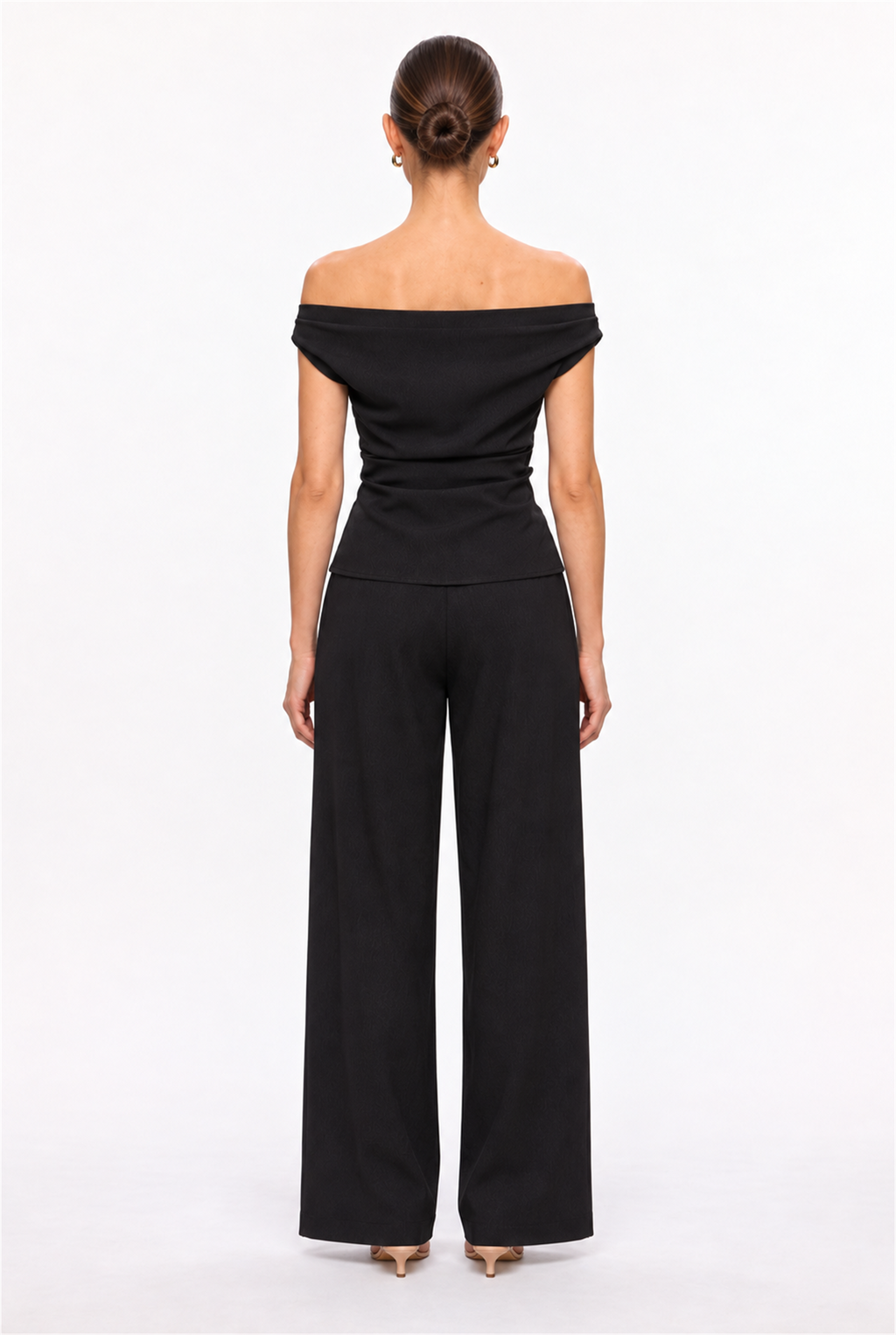 BLACK OFF-SHOULDER RUCHED TOP & STRAIGHT-LEG TROUSER SET - back view