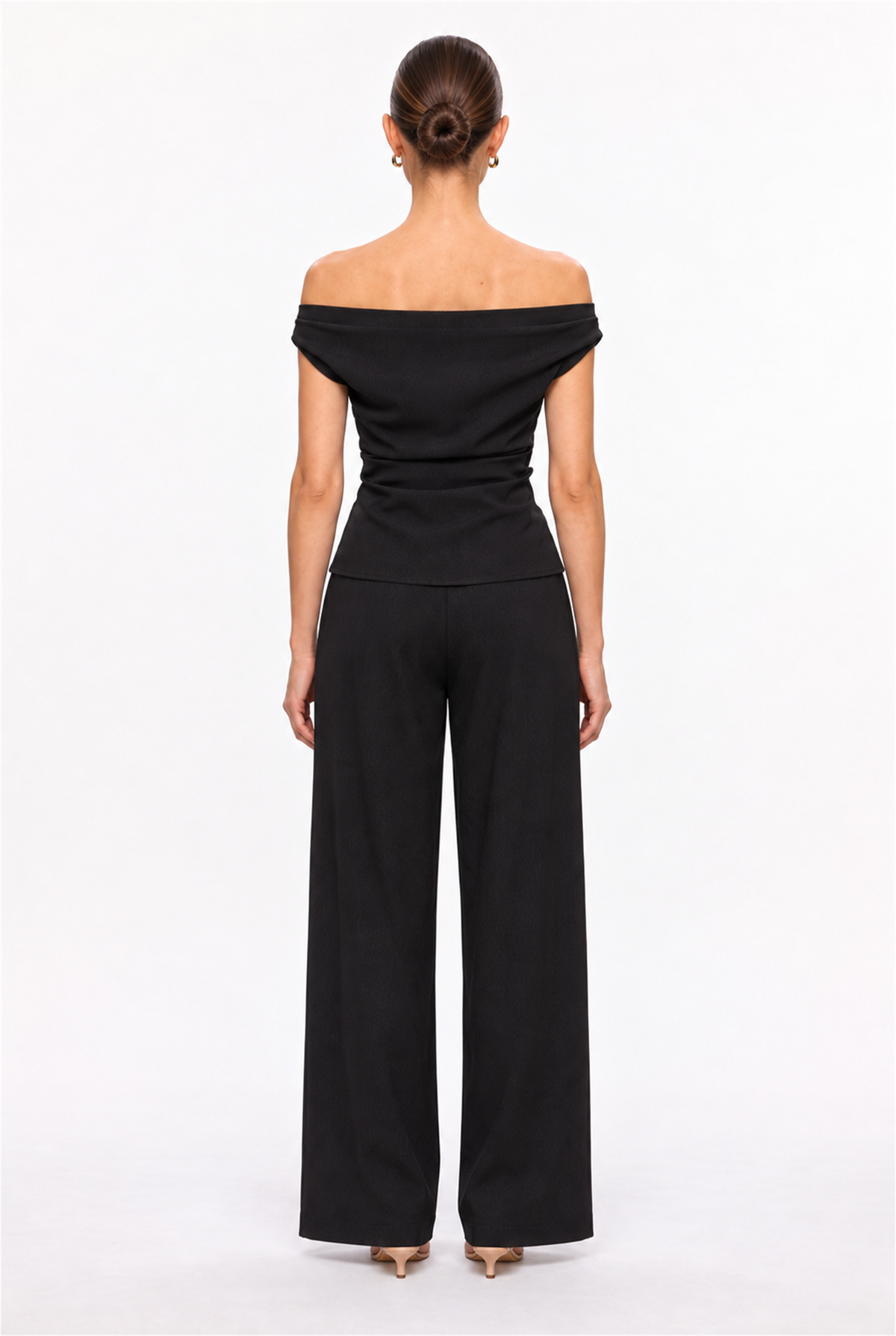 BLACK OFF-SHOULDER RUCHED TOP & STRAIGHT-LEG TROUSER SET - back view