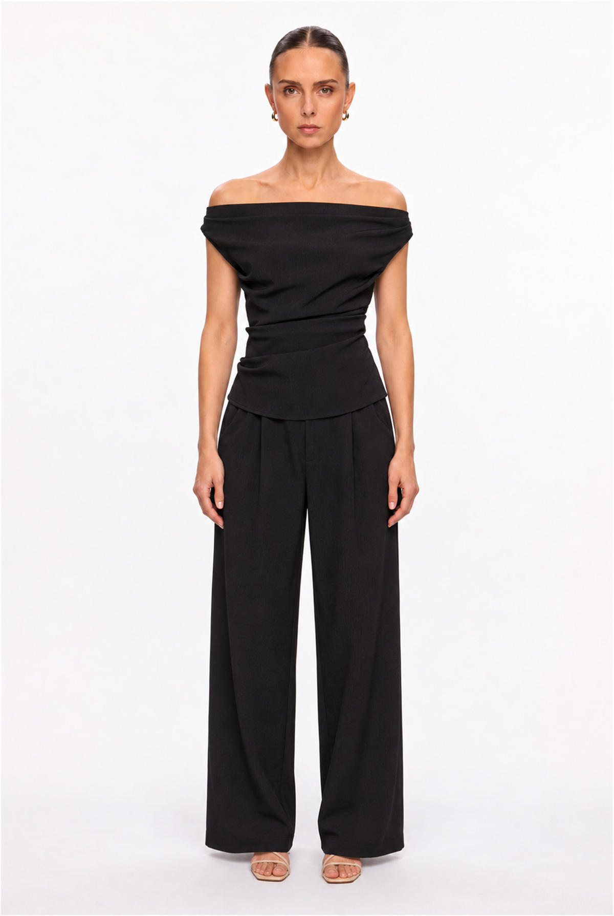 BLACK OFF-SHOULDER RUCHED TOP & STRAIGHT-LEG TROUSER SET - front view