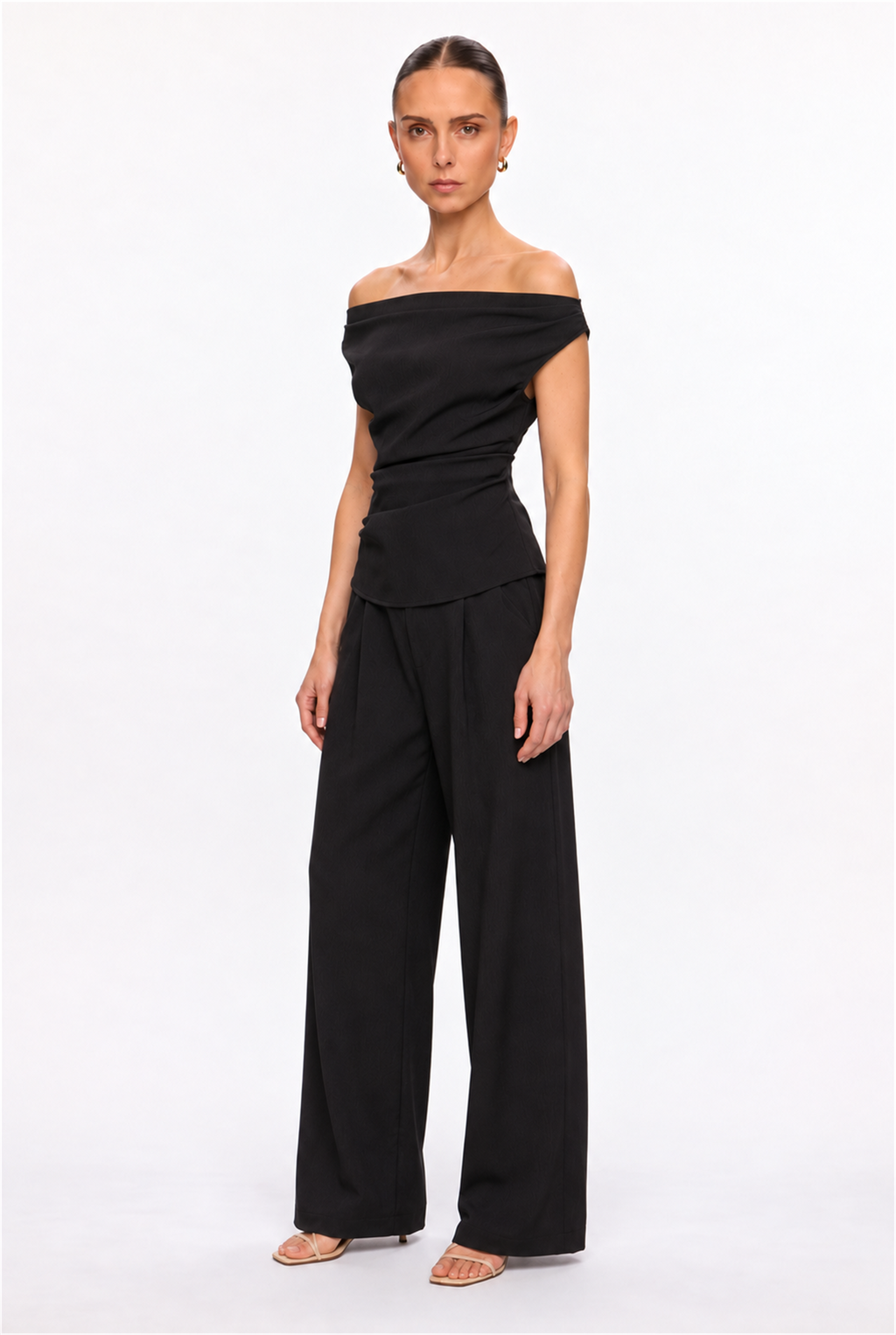 BLACK OFF-SHOULDER RUCHED TOP & STRAIGHT-LEG TROUSER SET - three-quarter view