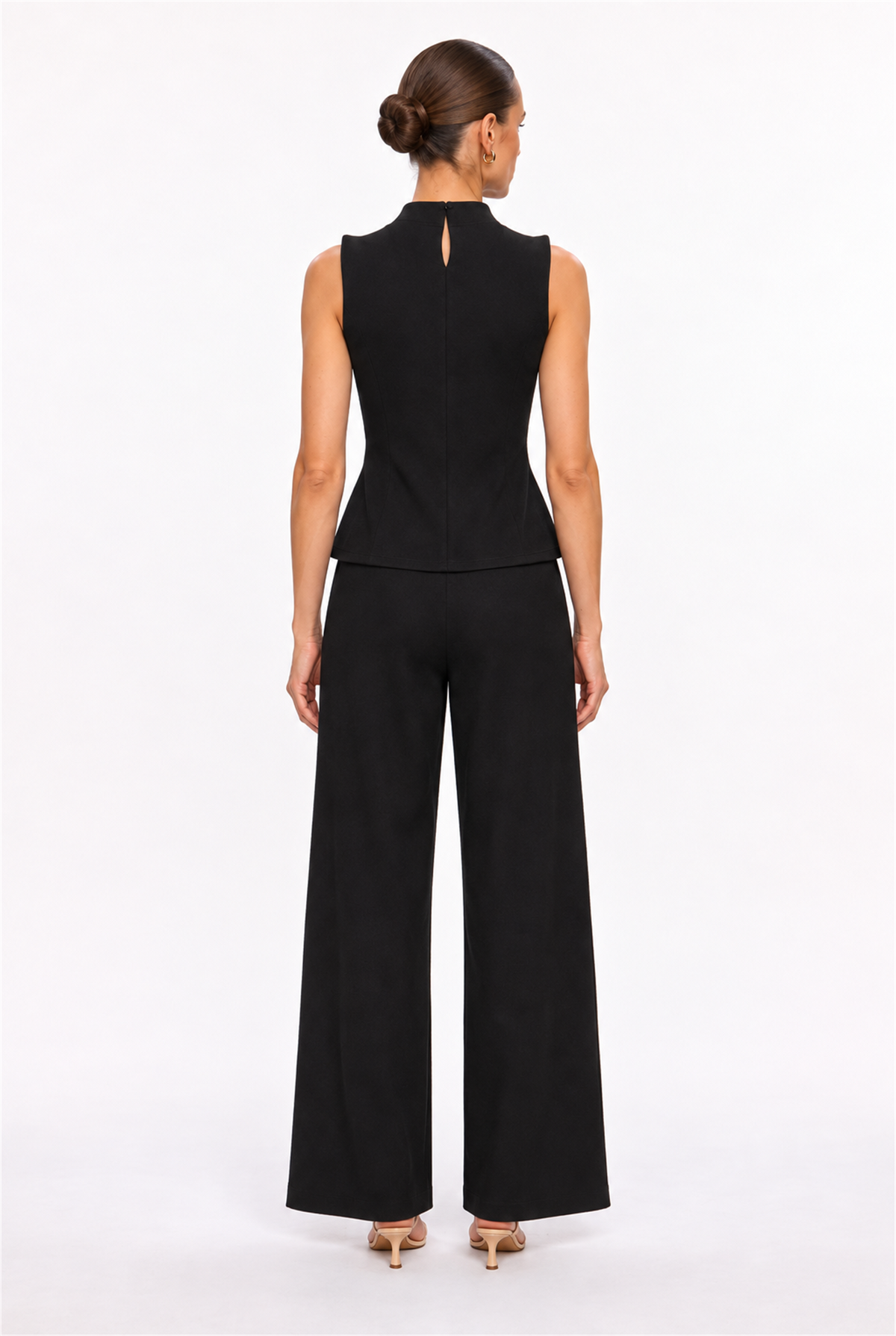 BLACK HIGH-NECK PEPLUM TOP & WIDE-LEG PANTS SET - back view