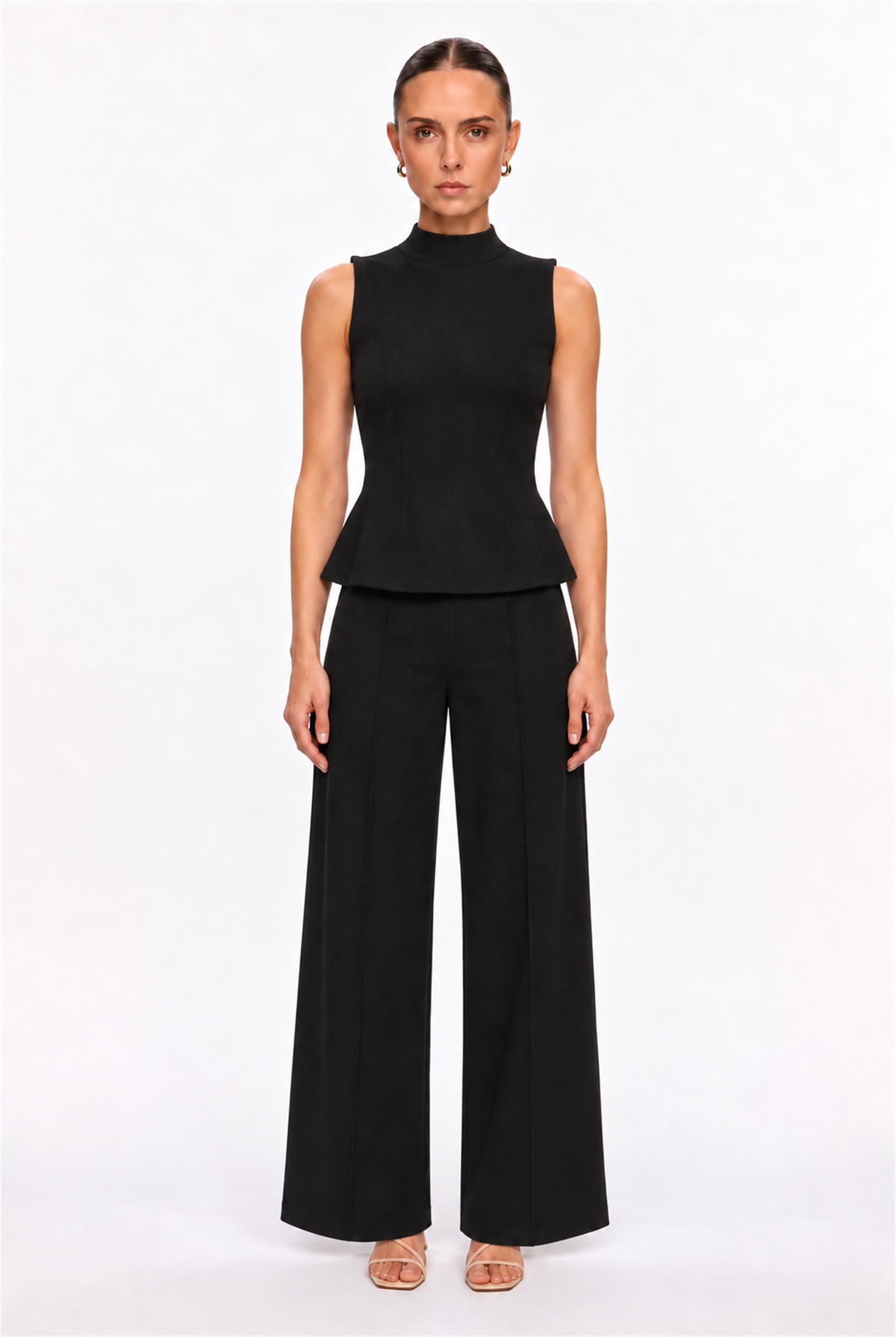 BLACK HIGH-NECK PEPLUM TOP & WIDE-LEG PANTS SET - front view