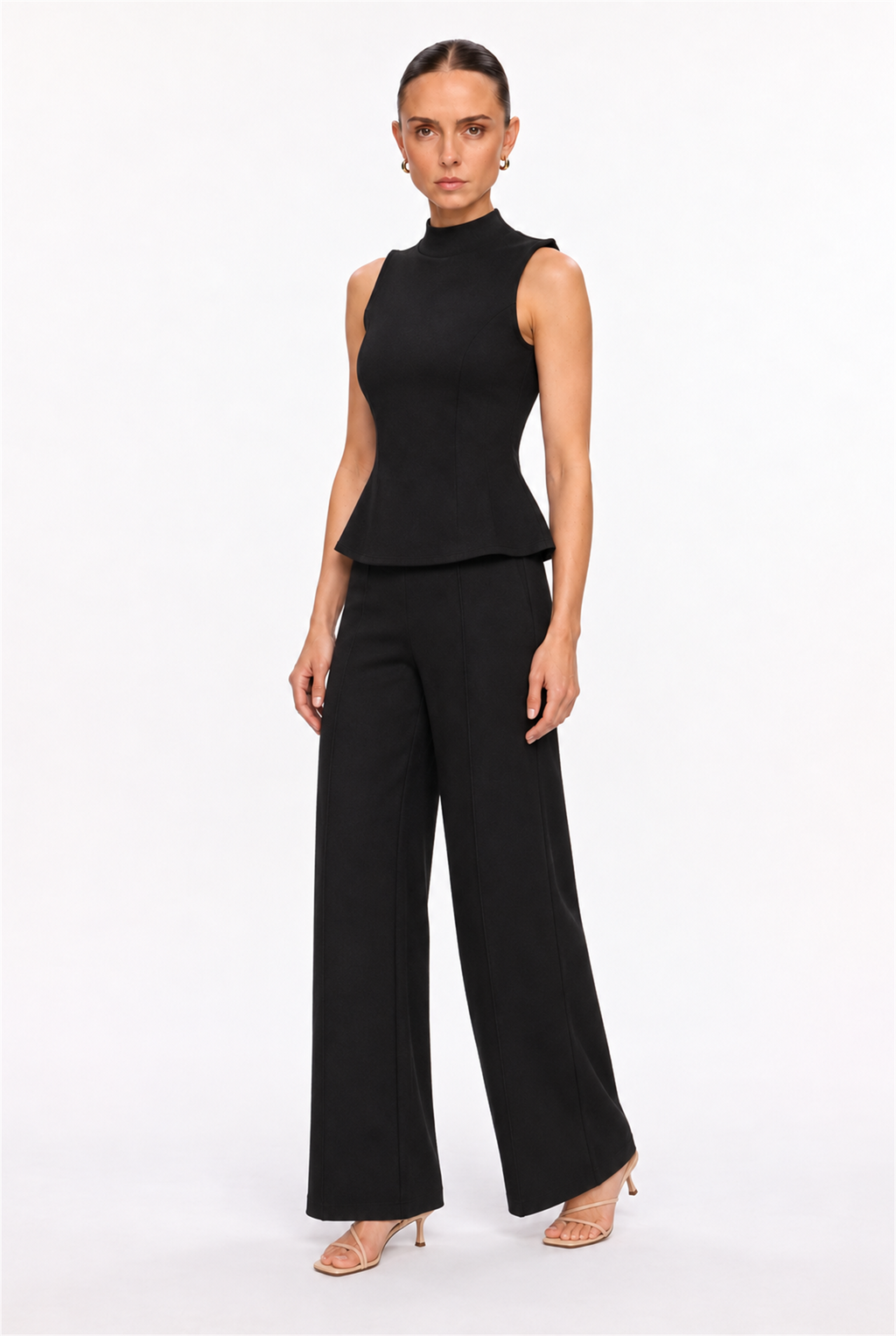 BLACK HIGH-NECK PEPLUM TOP & WIDE-LEG PANTS SET - three-quarter view