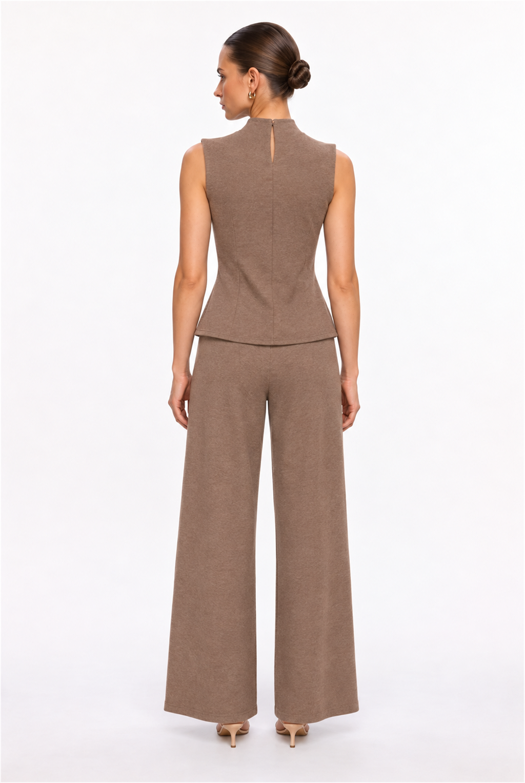 MOCHA HIGH-NECK PEPLUM TOP & WIDE-LEG PANTS SET - back view