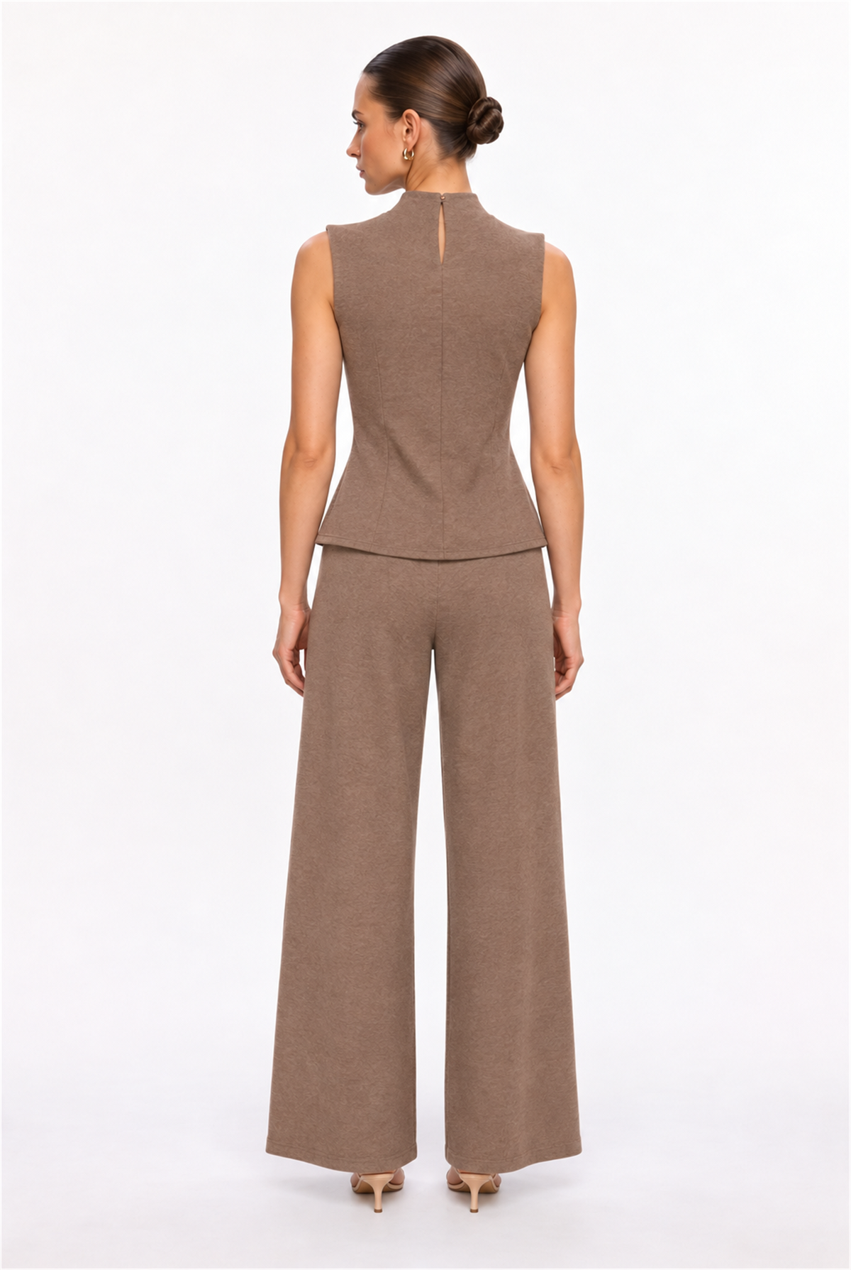 MOCHA HIGH-NECK PEPLUM TOP & WIDE-LEG PANTS SET - back view