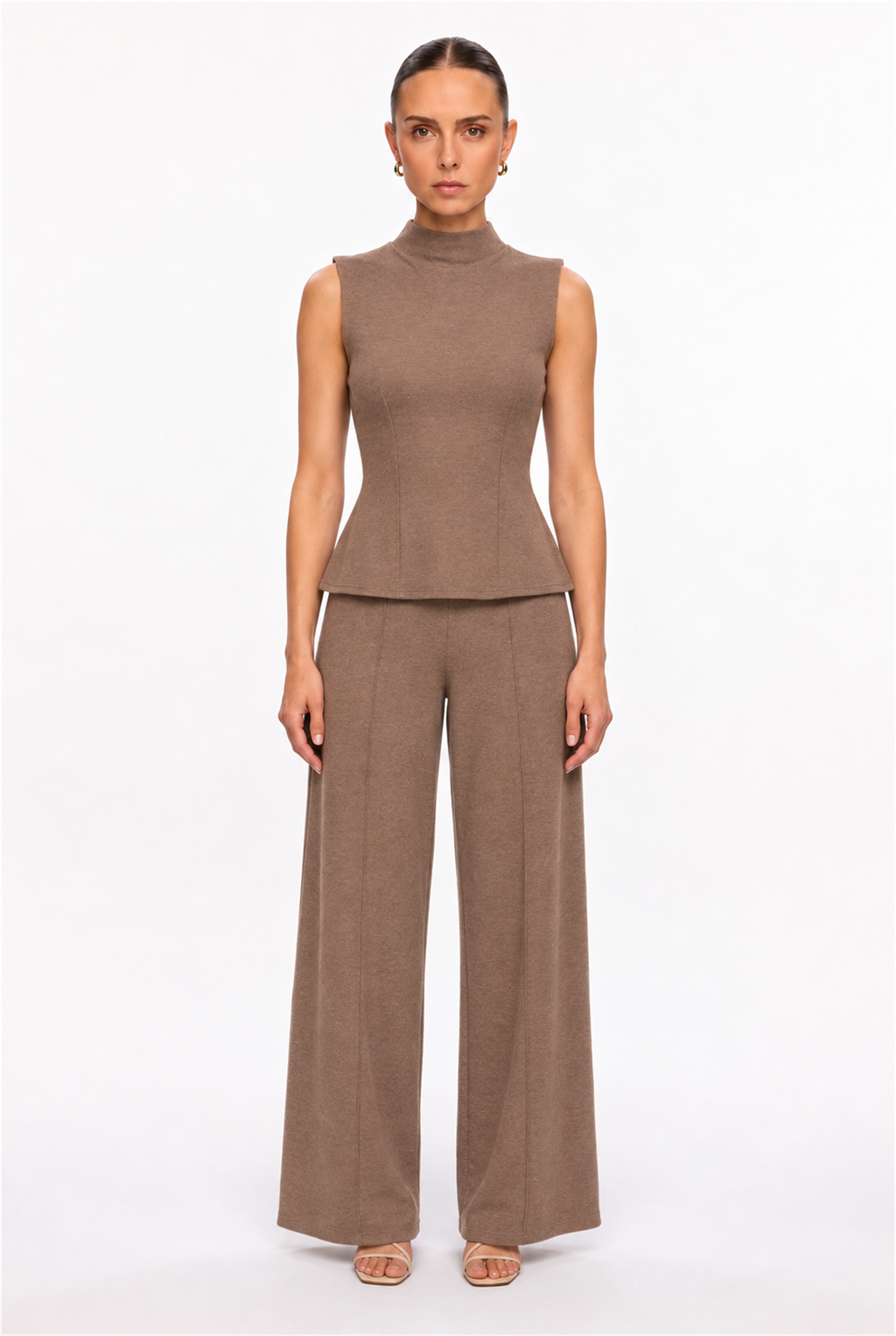 MOCHA HIGH-NECK PEPLUM TOP & WIDE-LEG PANTS SET - front view