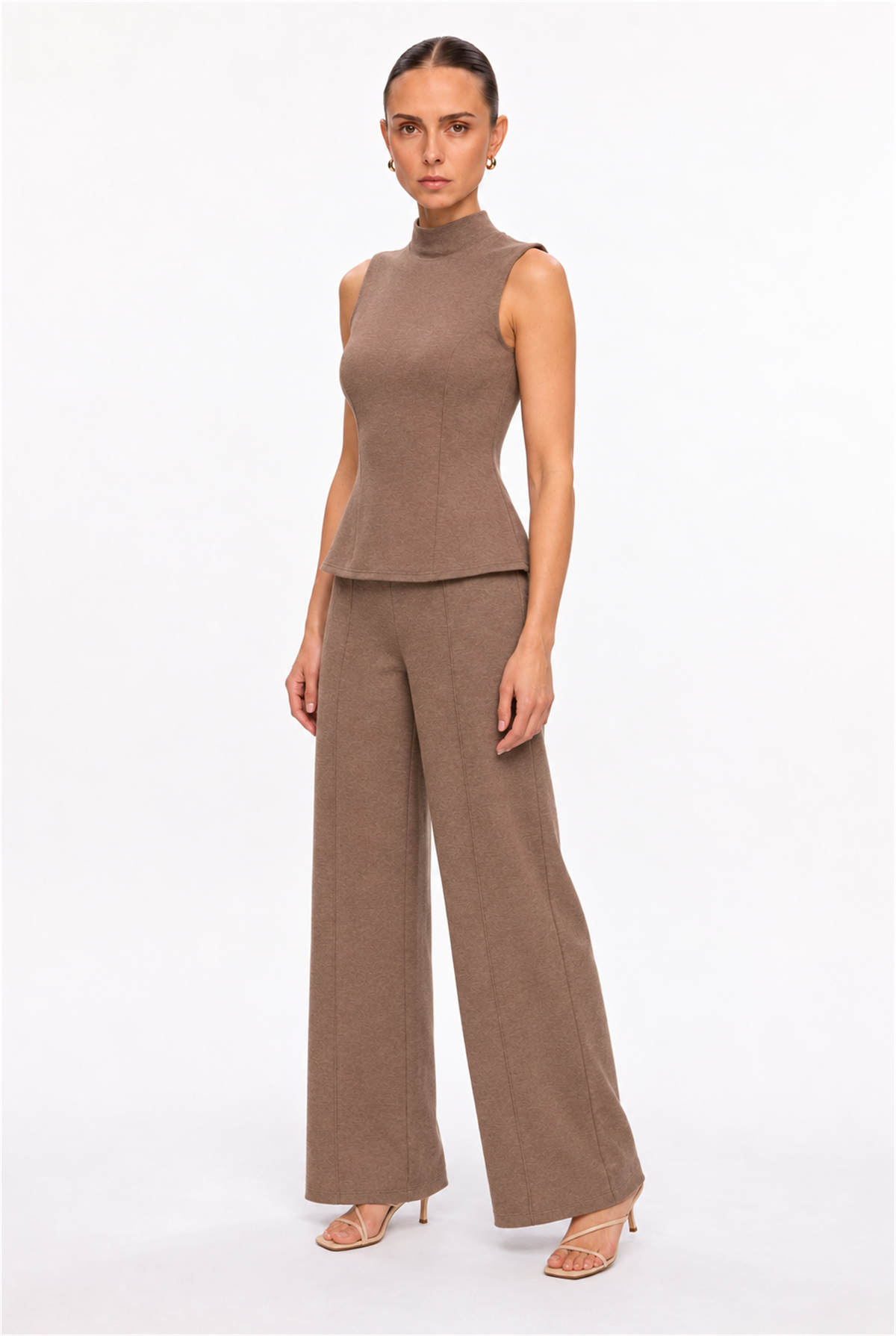 MOCHA HIGH-NECK PEPLUM TOP & WIDE-LEG PANTS SET - three-quarter view