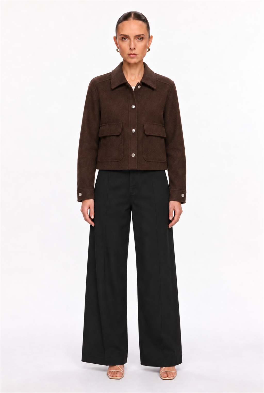 BROWN SNAP-FRONT SOFT FELT PATCH-POCKET JACKET - front view
