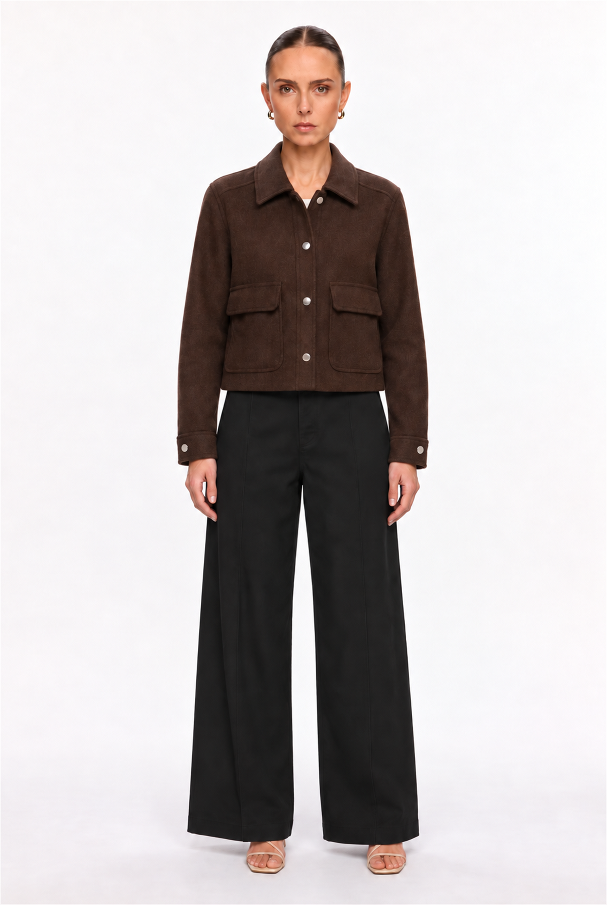 BROWN SNAP-FRONT SOFT FELT PATCH-POCKET JACKET - front view
