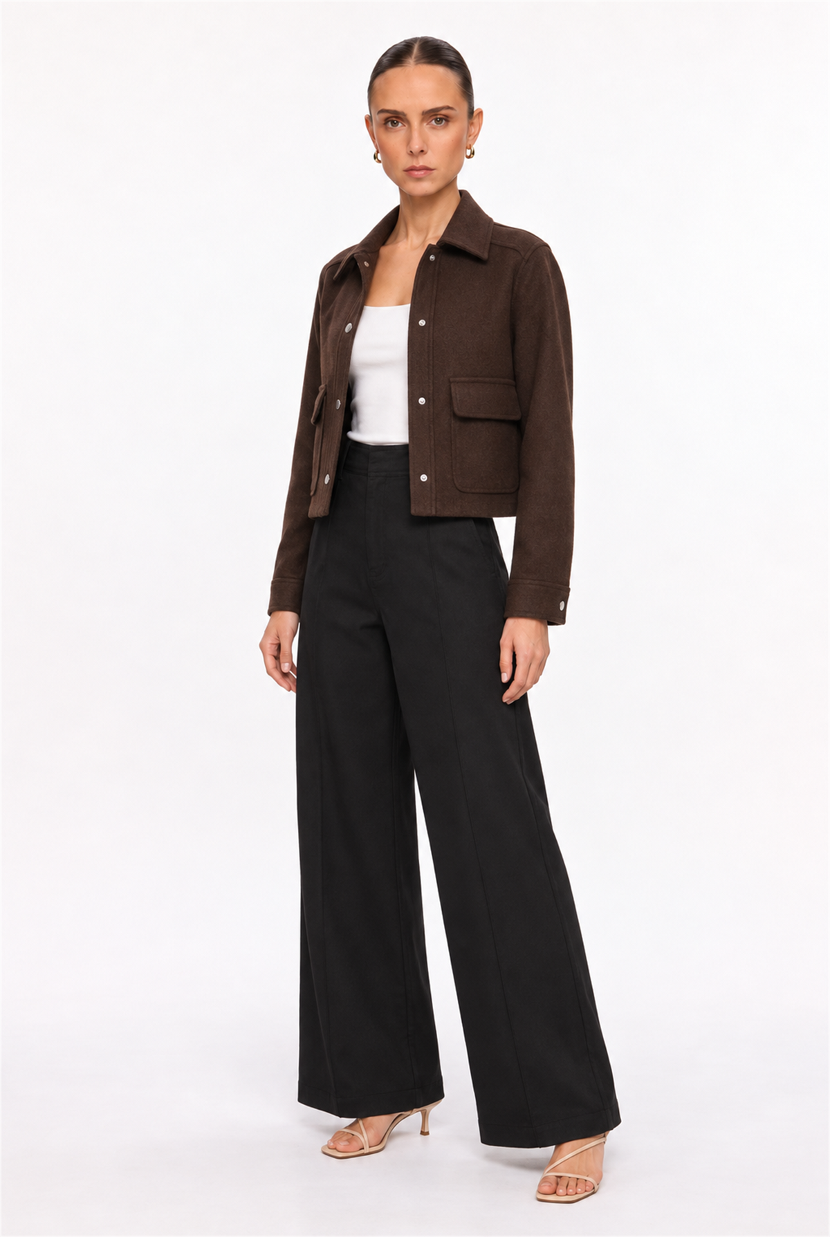 BROWN SNAP-FRONT SOFT FELT PATCH-POCKET JACKET - three-quarter view