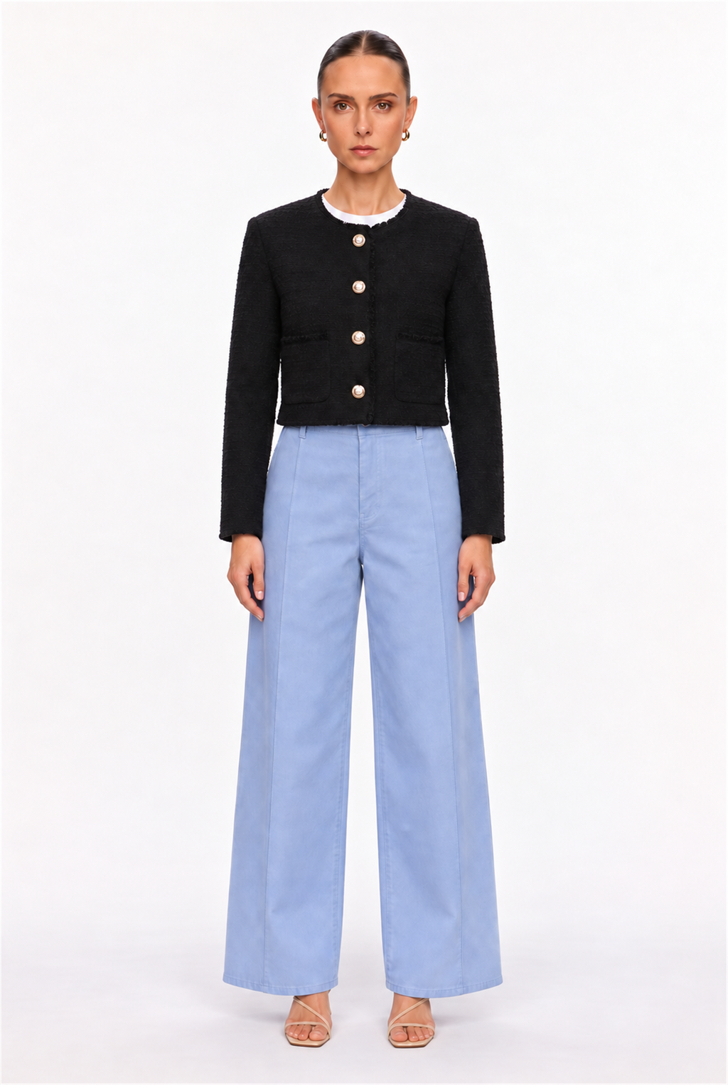 BLACK GOLD-BUTTON BOUCLE CROPPED JACKET - front view