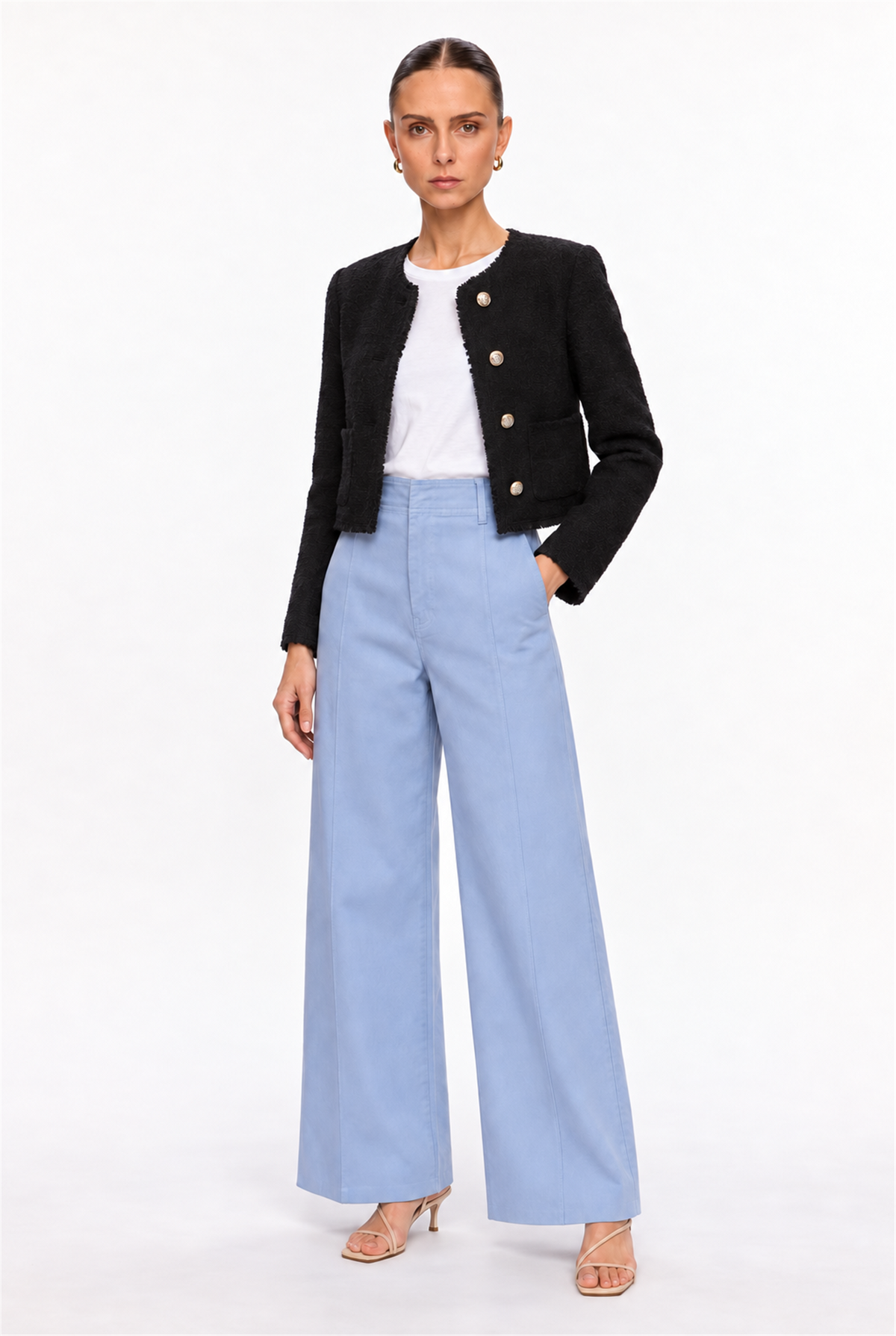 BLACK GOLD-BUTTON BOUCLE CROPPED JACKET - three-quarter view