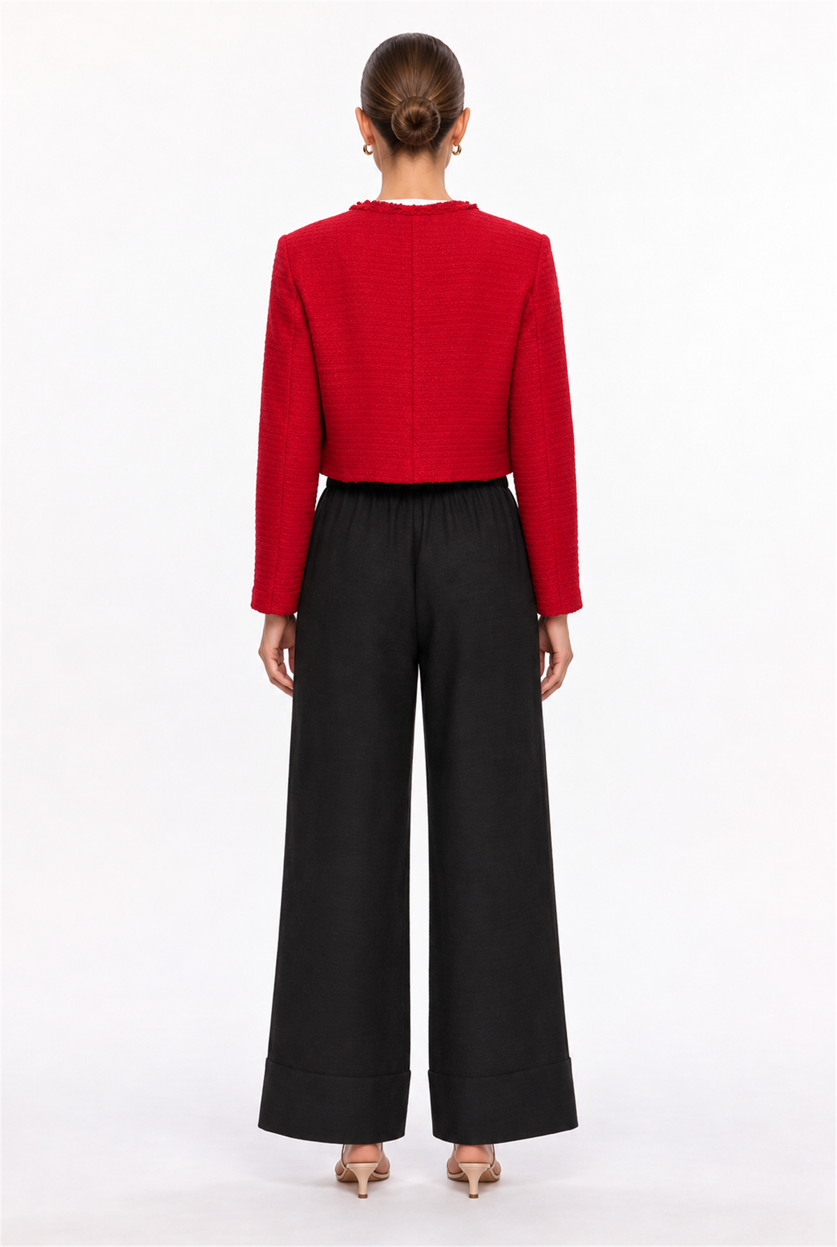 RED GOLD-BUTTON BOUCLE CROPPED JACKET - back view