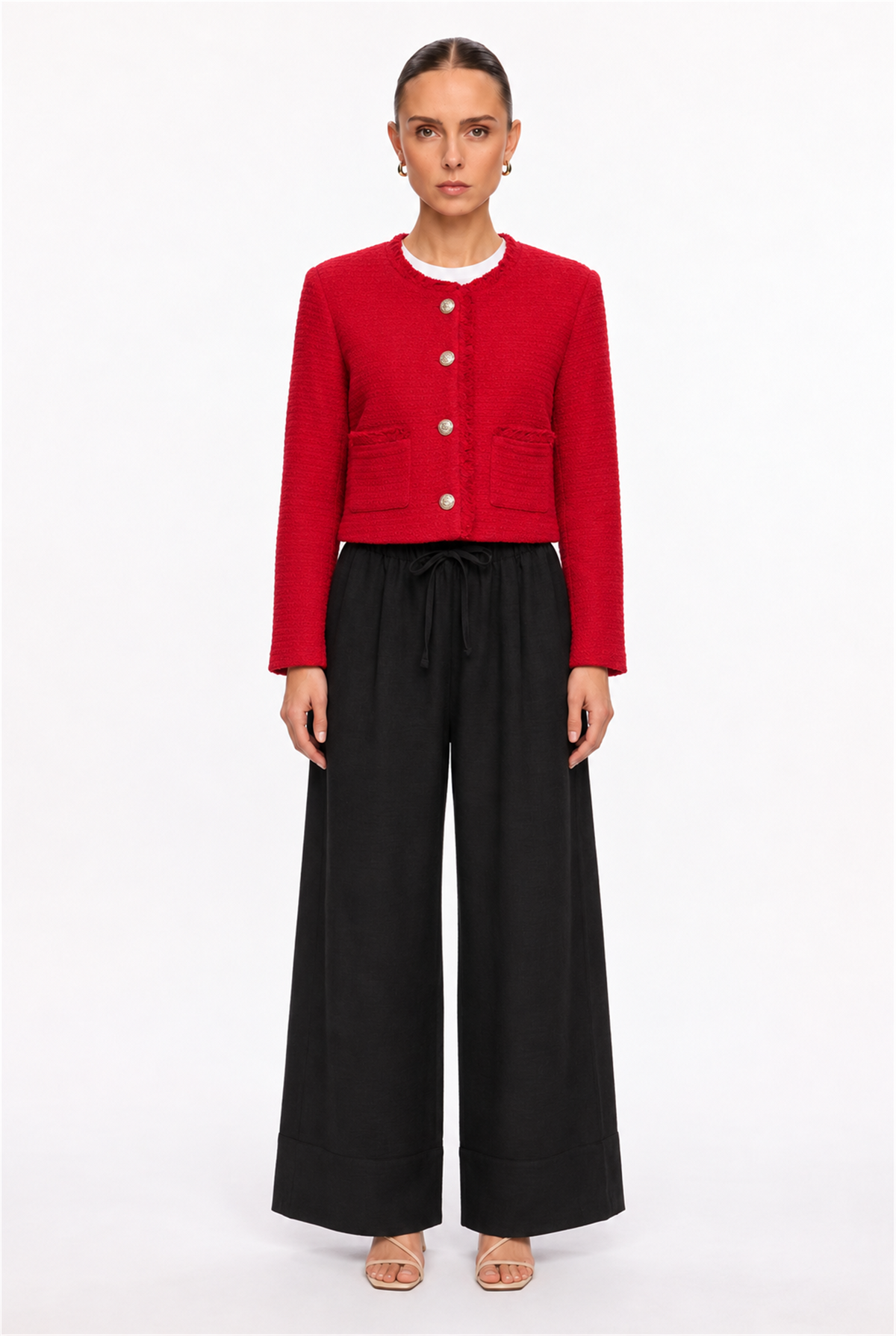RED GOLD-BUTTON BOUCLE CROPPED JACKET - front view