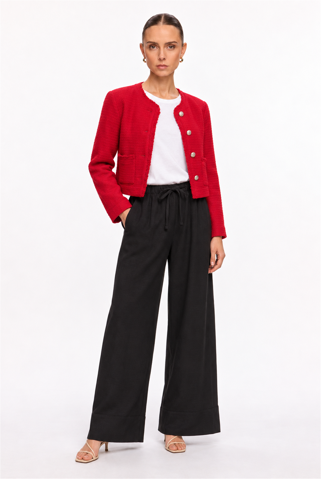 RED GOLD-BUTTON BOUCLE CROPPED JACKET - three-quarter view