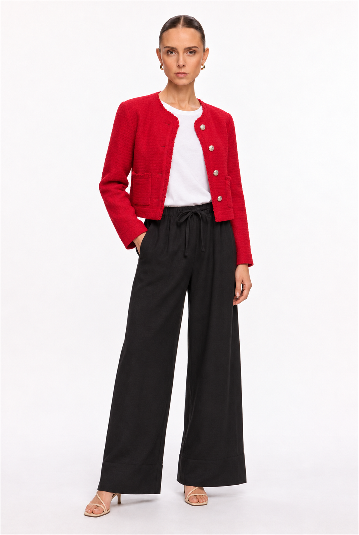 RED GOLD-BUTTON BOUCLE CROPPED JACKET - three-quarter view