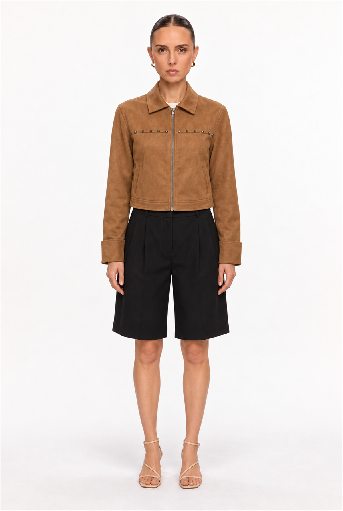 CARAMEL STUDDED FAUX-SUEDE ZIP JACKET - front view