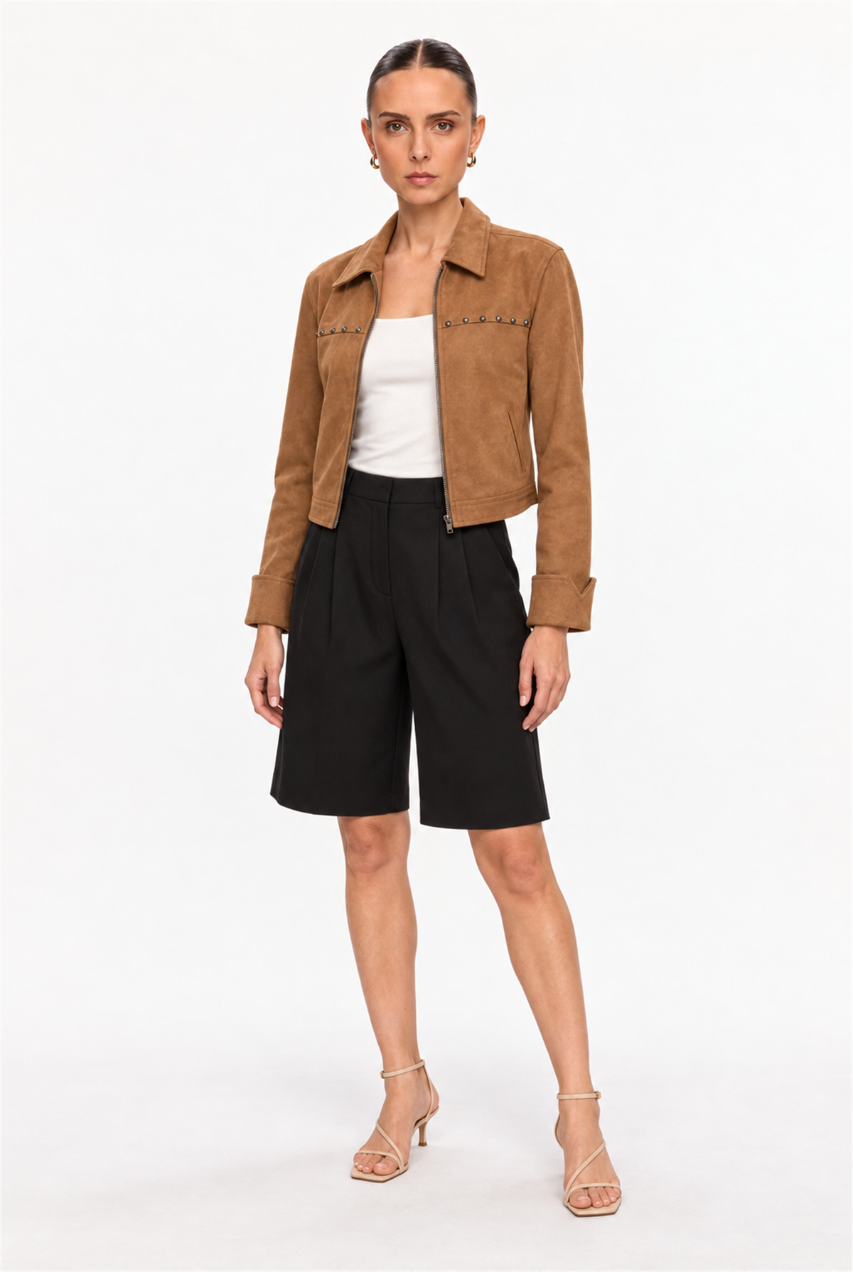 CARAMEL STUDDED FAUX-SUEDE ZIP JACKET - three-quarter view