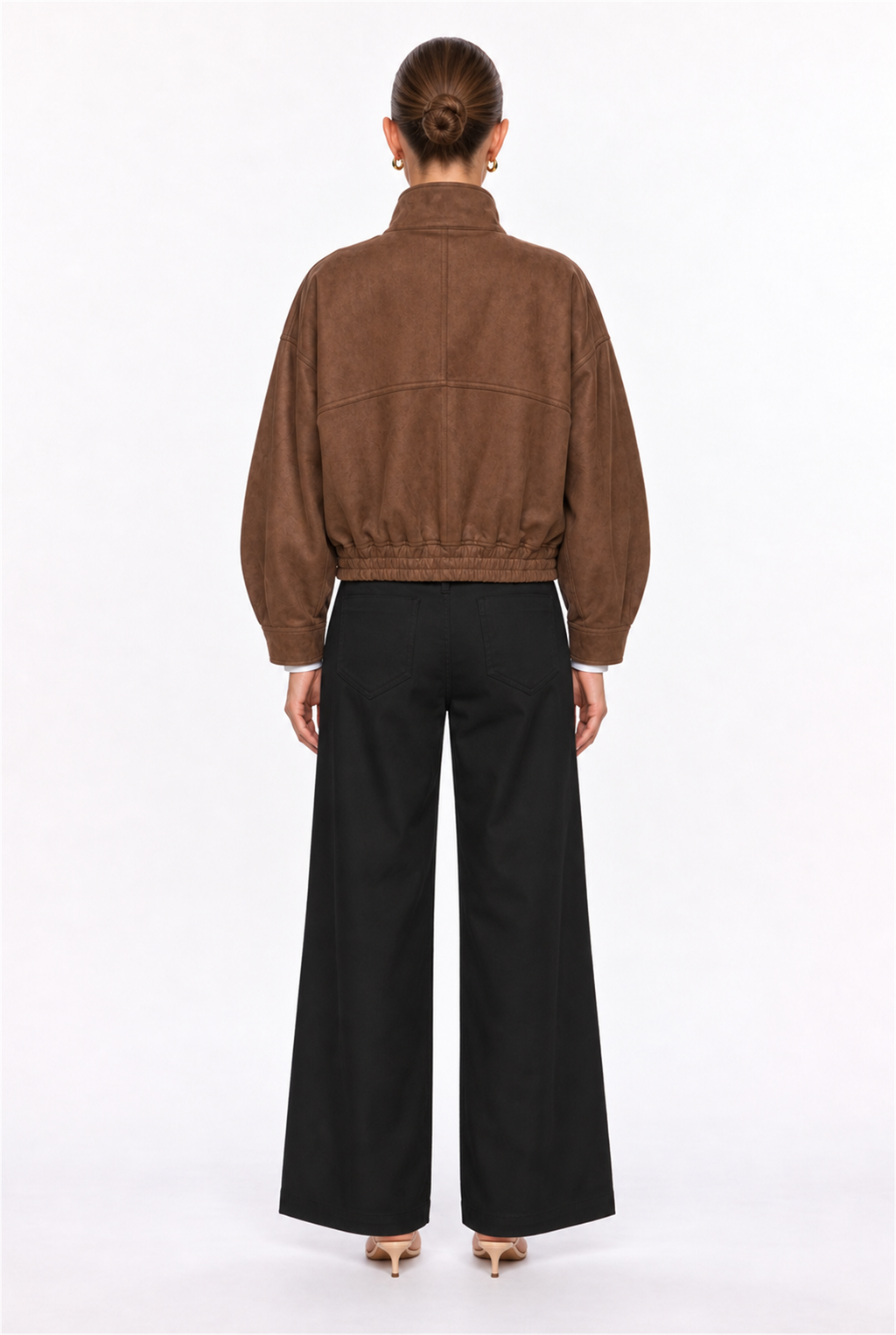 TOFFEE BUCKLE-COLLAR FAUX-SUEDE BOMBER JACKET - back view