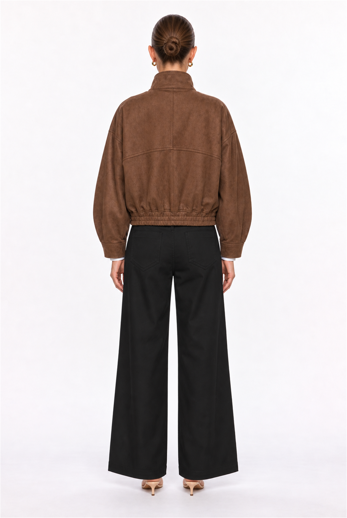TOFFEE BUCKLE-COLLAR FAUX-SUEDE BOMBER JACKET - back view