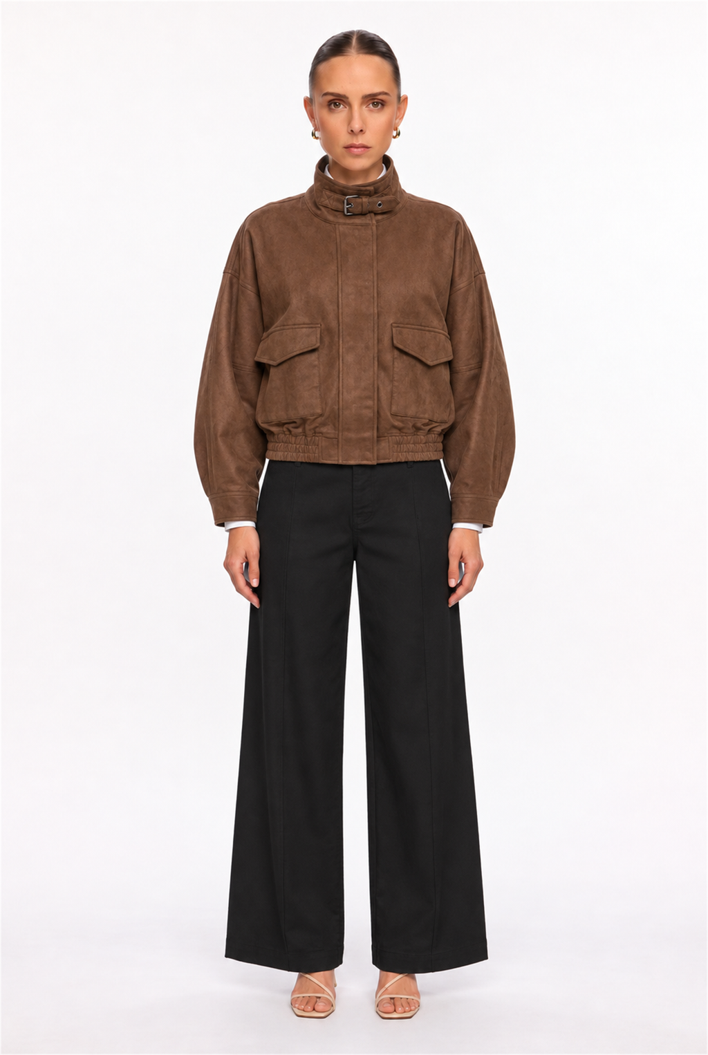 TOFFEE BUCKLE-COLLAR FAUX-SUEDE BOMBER JACKET - front view