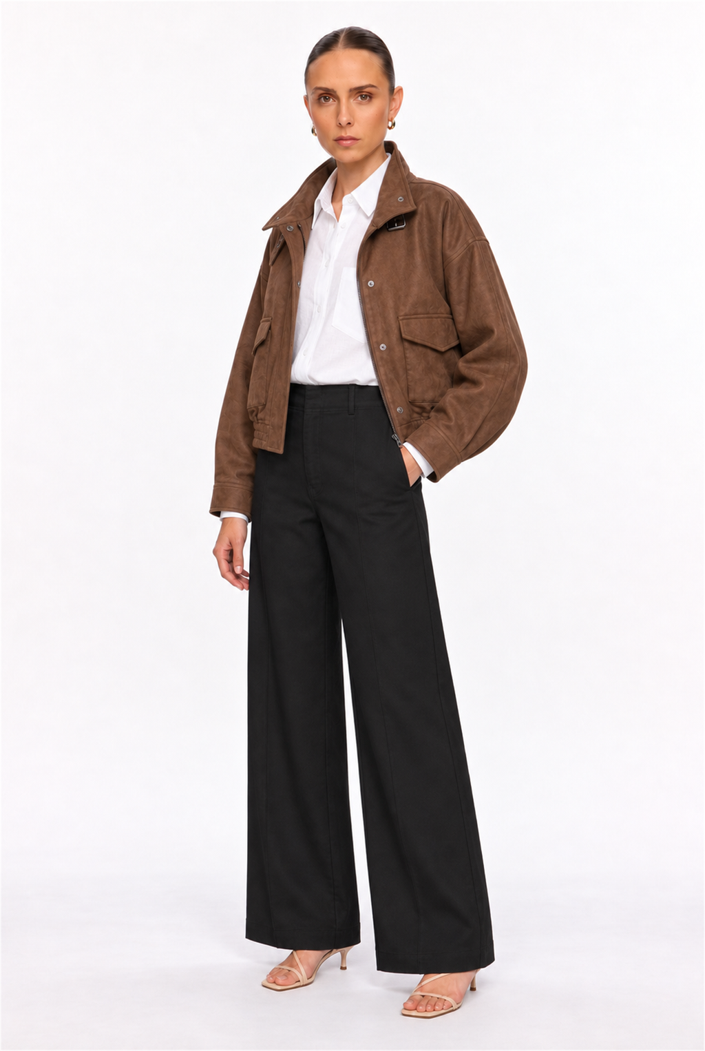 TOFFEE BUCKLE-COLLAR FAUX-SUEDE BOMBER JACKET - three-quarter view