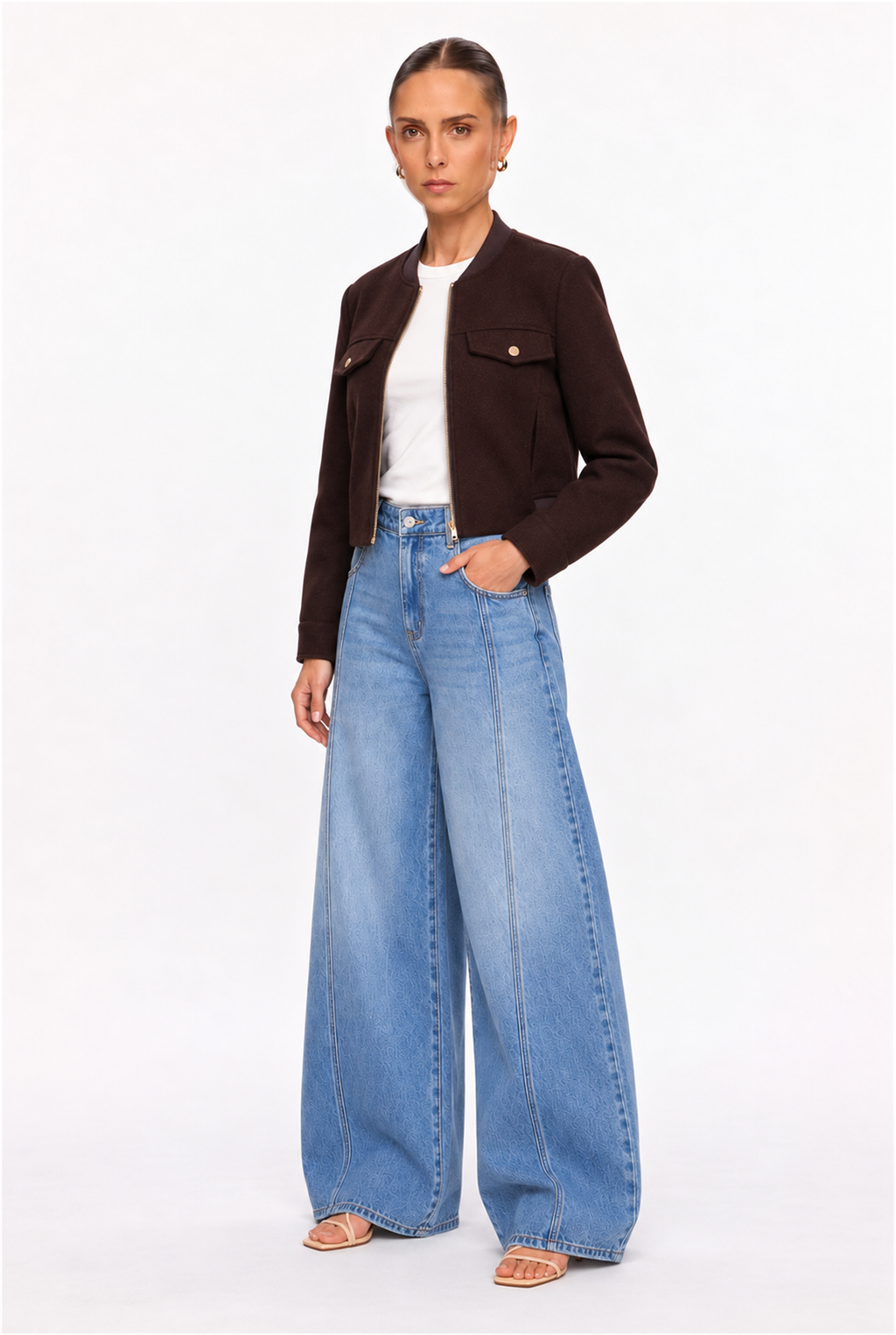 DARK BROWN GOLD-SNAP FELT BOMBER JACKET - three-quarter view